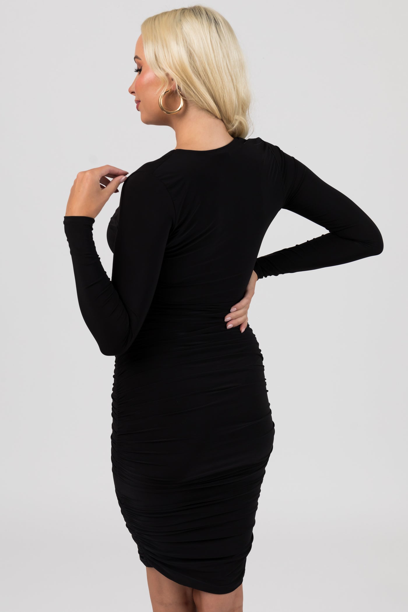 Black Ruched Sides Deep V Neck Midi Dress