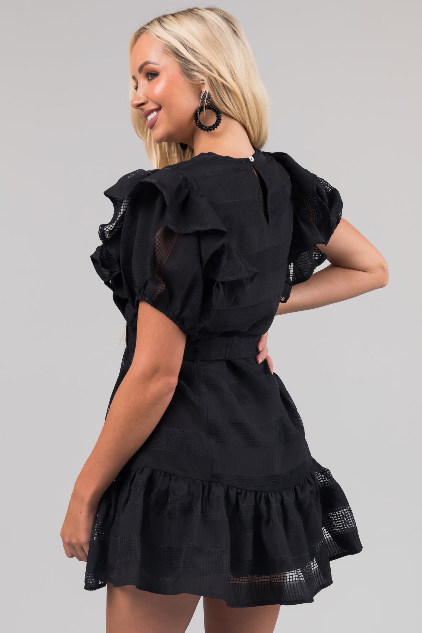 Black Ruffle Belted Waist Striped Mini Dress | Lime Lush