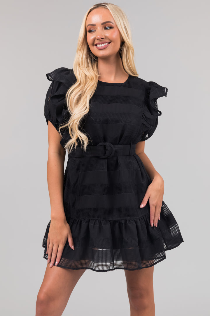 Black Ruffle Belted Waist Striped Mini Dress
