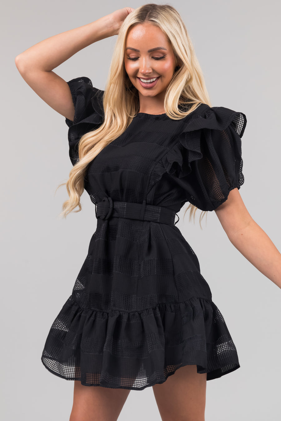 Black Ruffle Belted Waist Striped Mini Dress