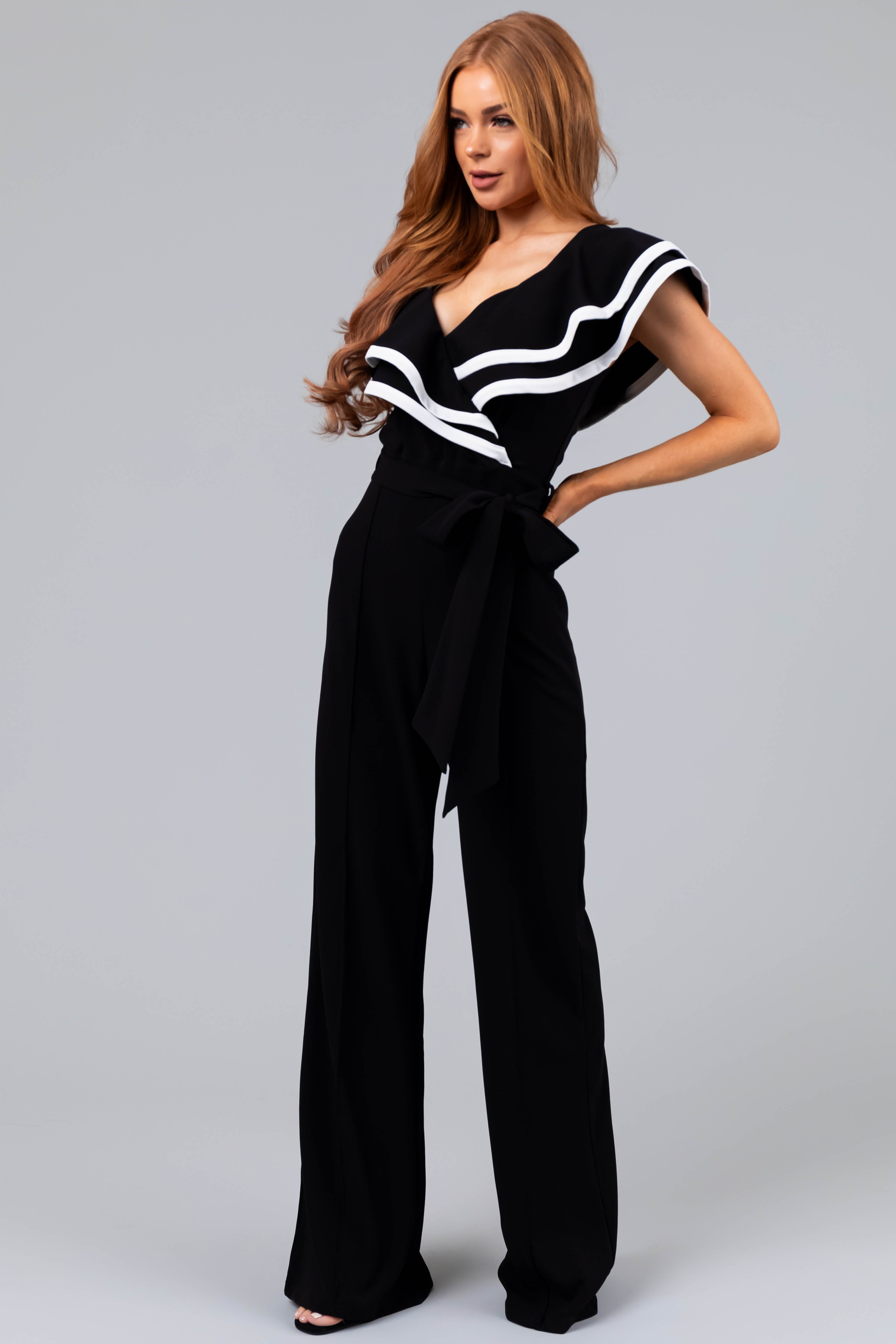 Black Ruffle Jumpsuit with Ivory Contrast Trim Lime Lush