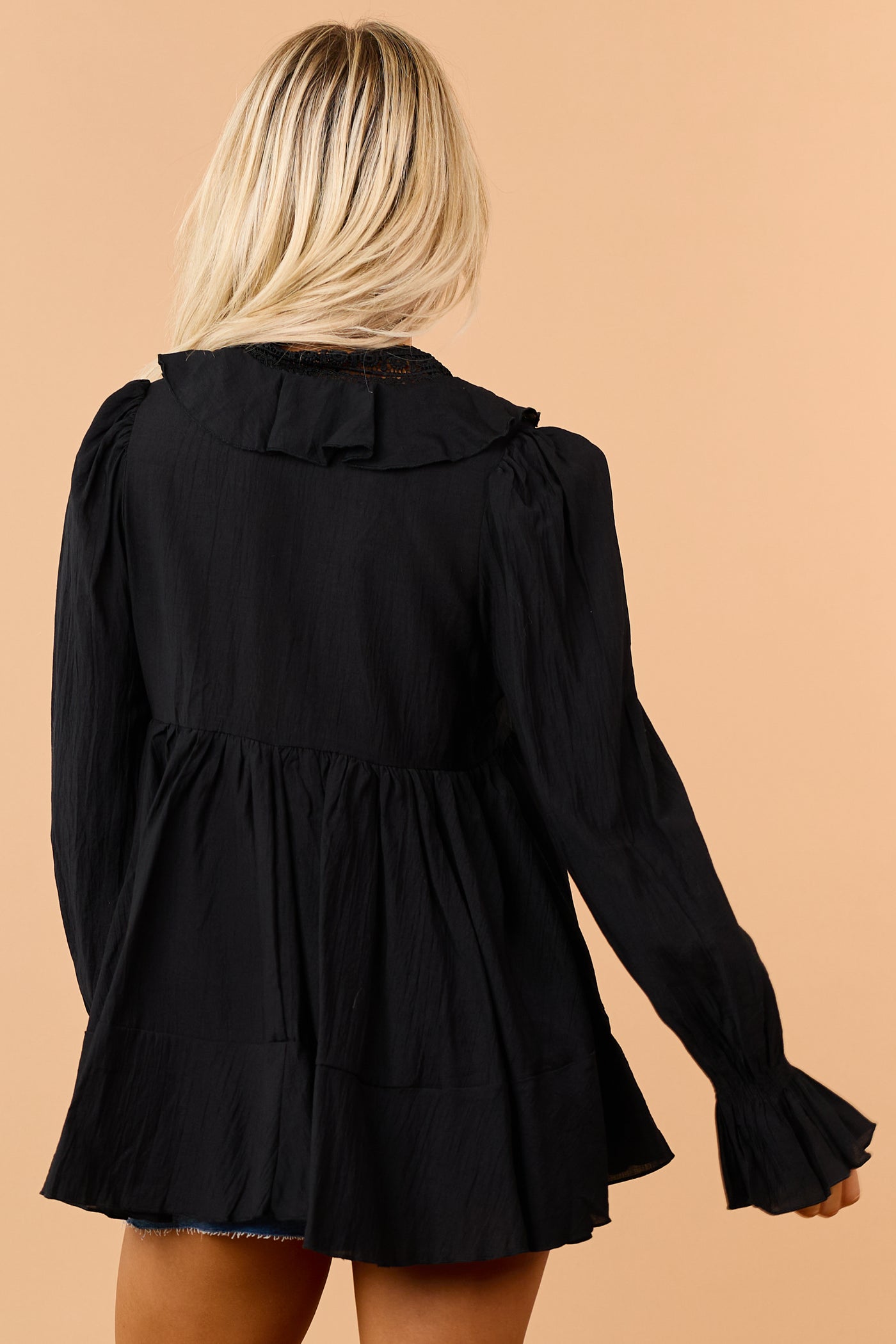 Black Ruffle Lace V-Neck Long Sleeve Blouse