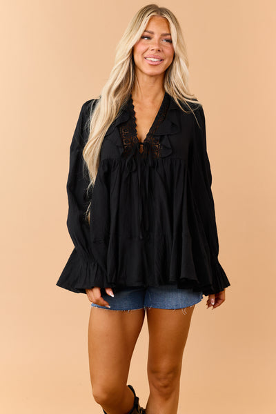 Black Ruffle Lace V-Neck Long Sleeve Blouse