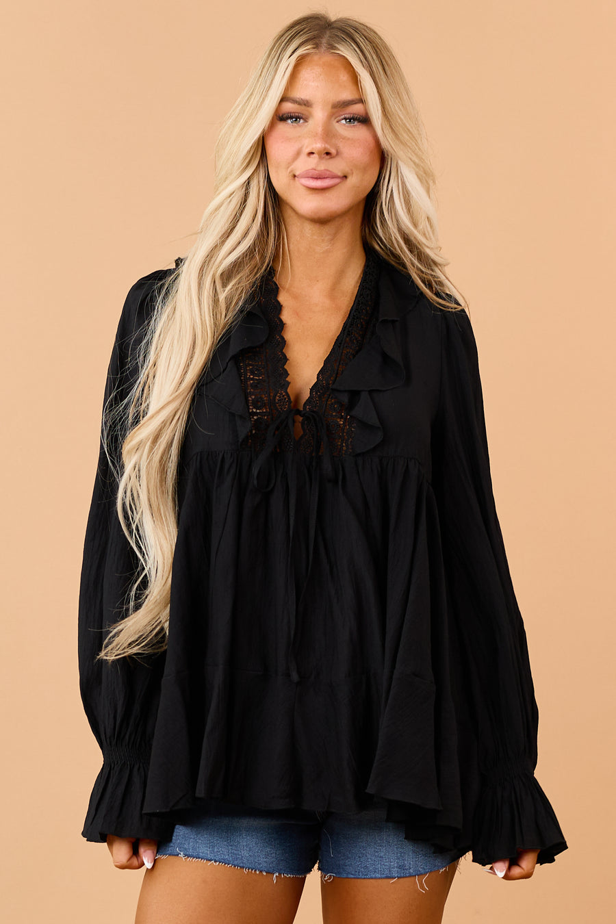 Black Ruffle Lace V-Neck Long Sleeve Blouse