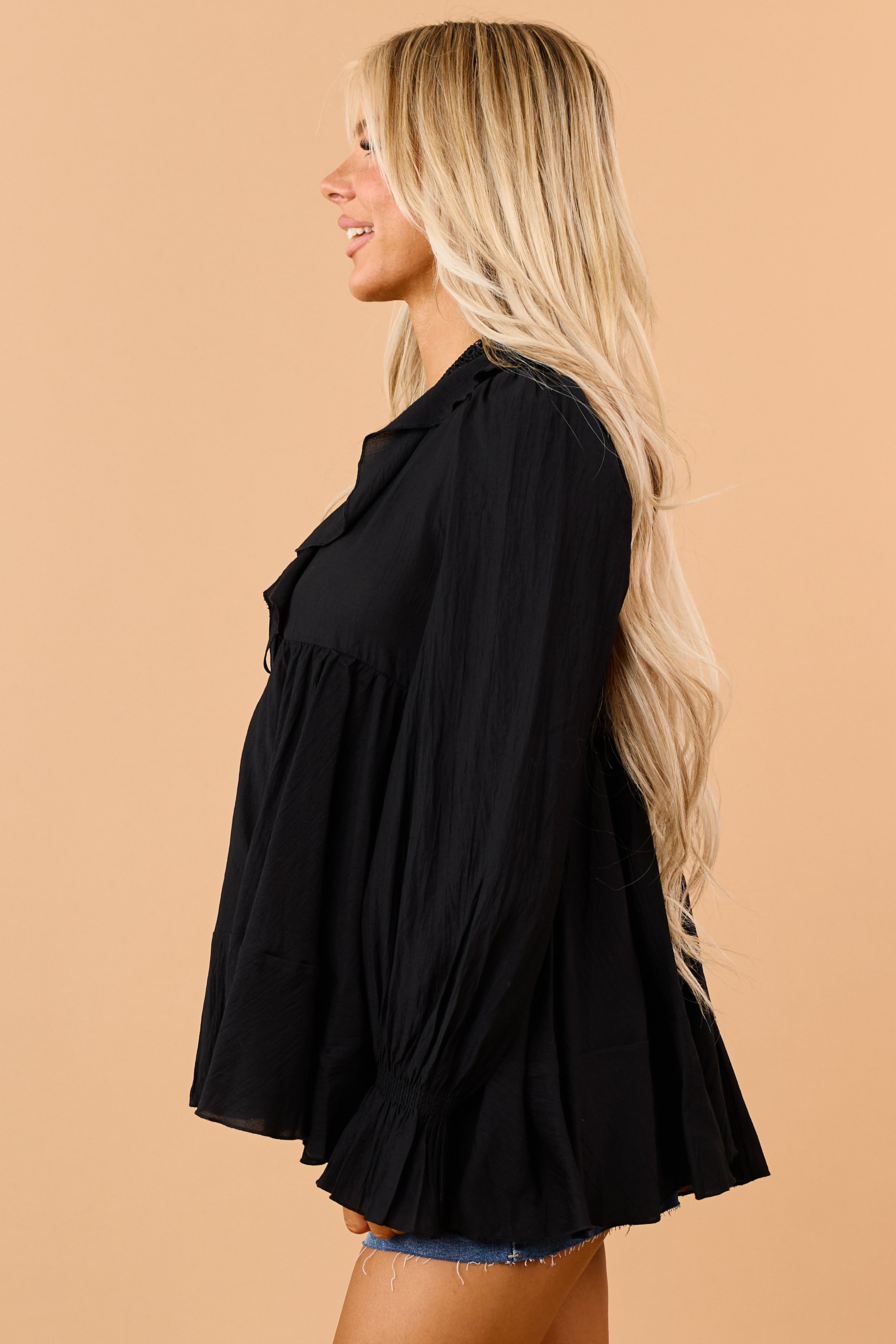 Black Ruffle Lace V-Neck Long Sleeve Blouse