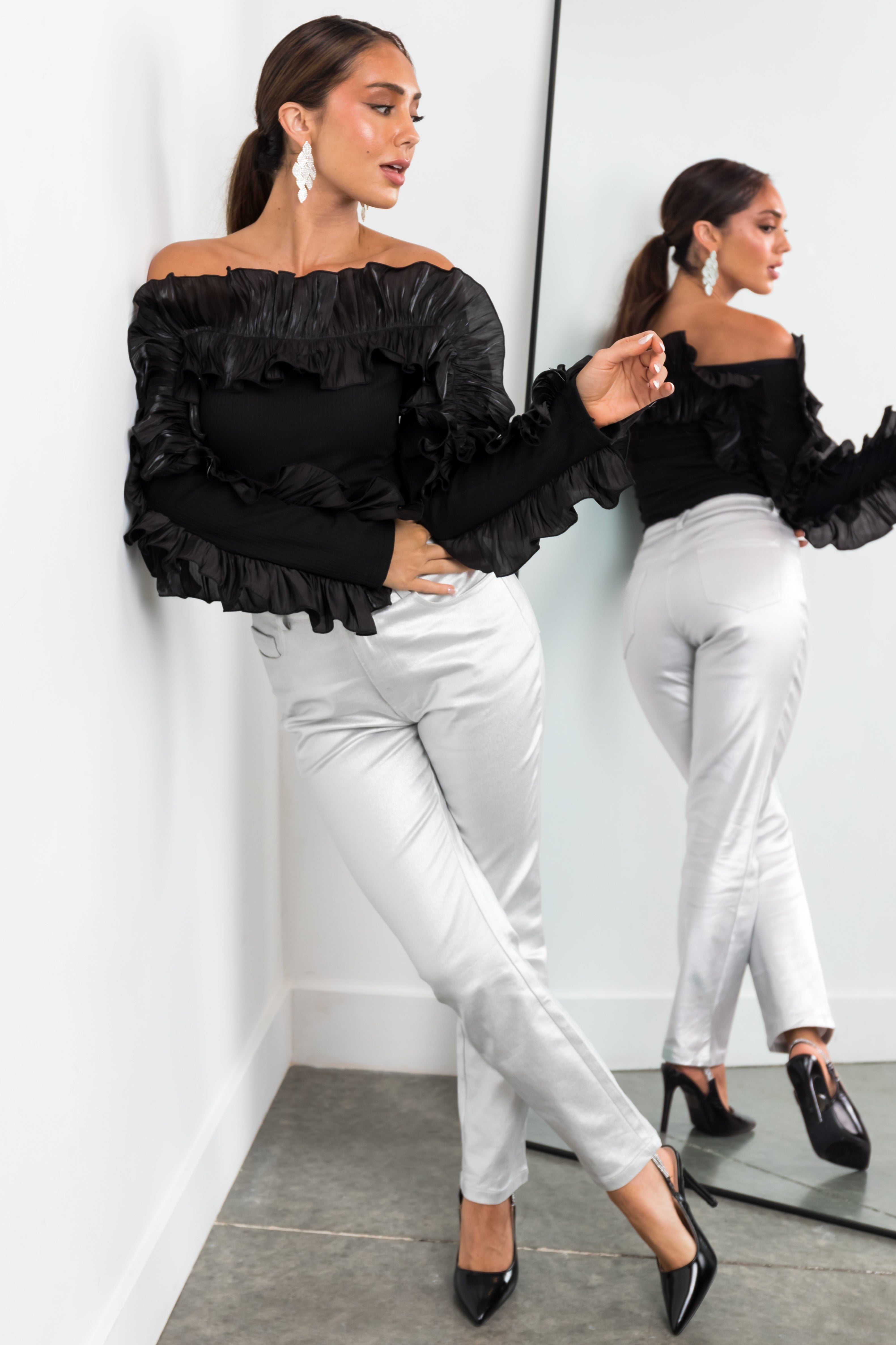 black ruffle cold shoulder top