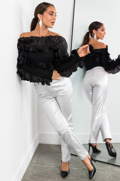 Black Ruffle Long Sleeve Off the Shoulder Top