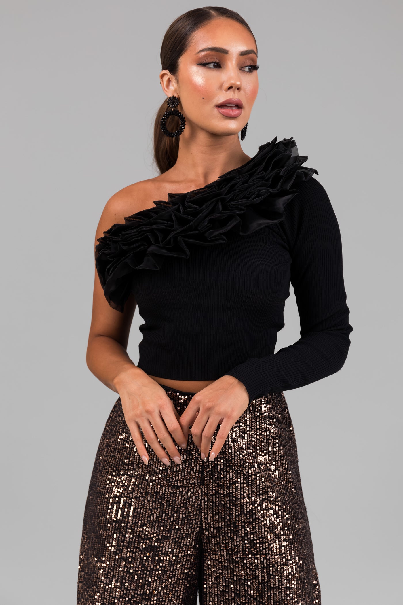 Black Ruffle One Shoulder Long Sleeve Top