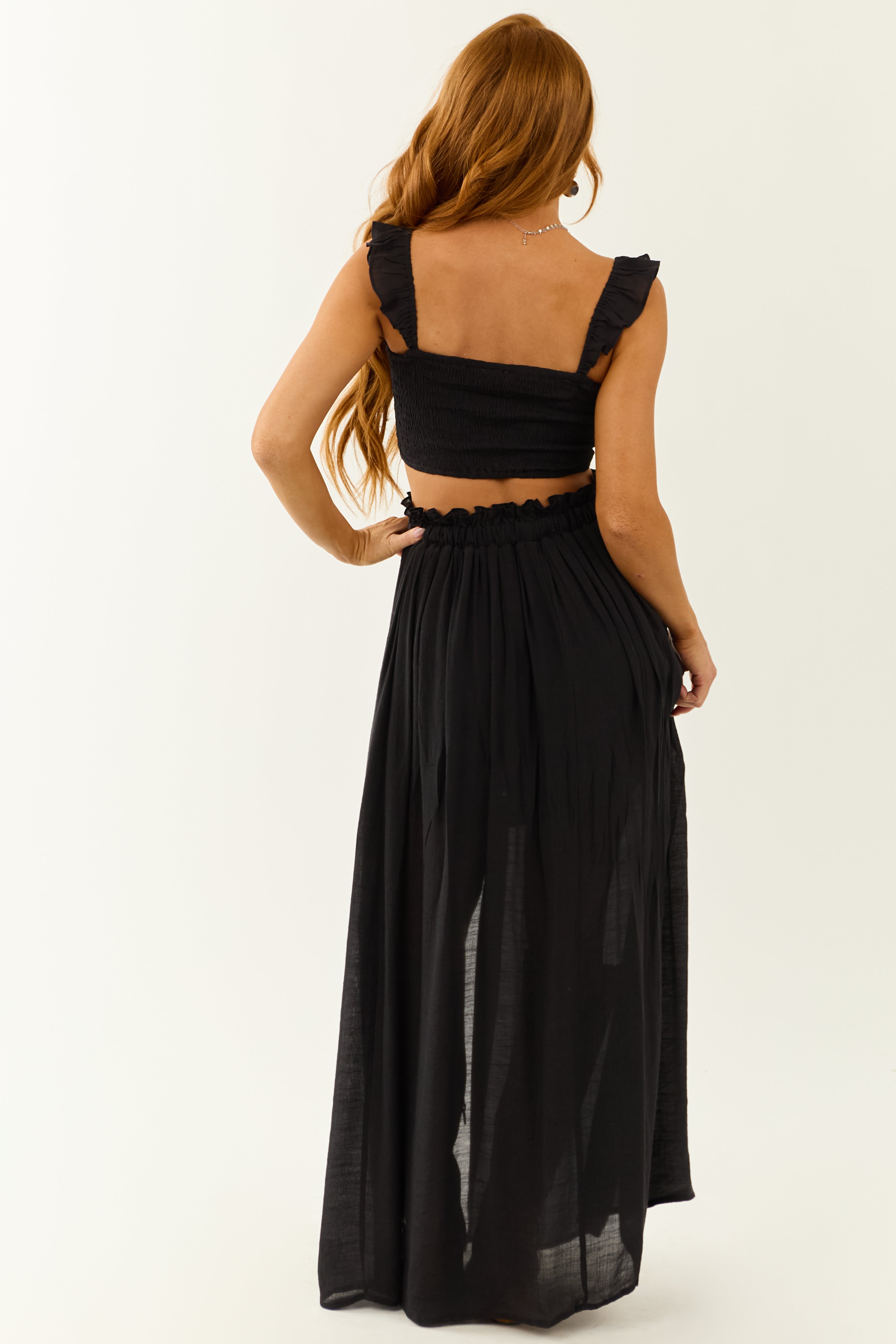 Black Ruffle Strap Crop Top and Maxi Skirt Set