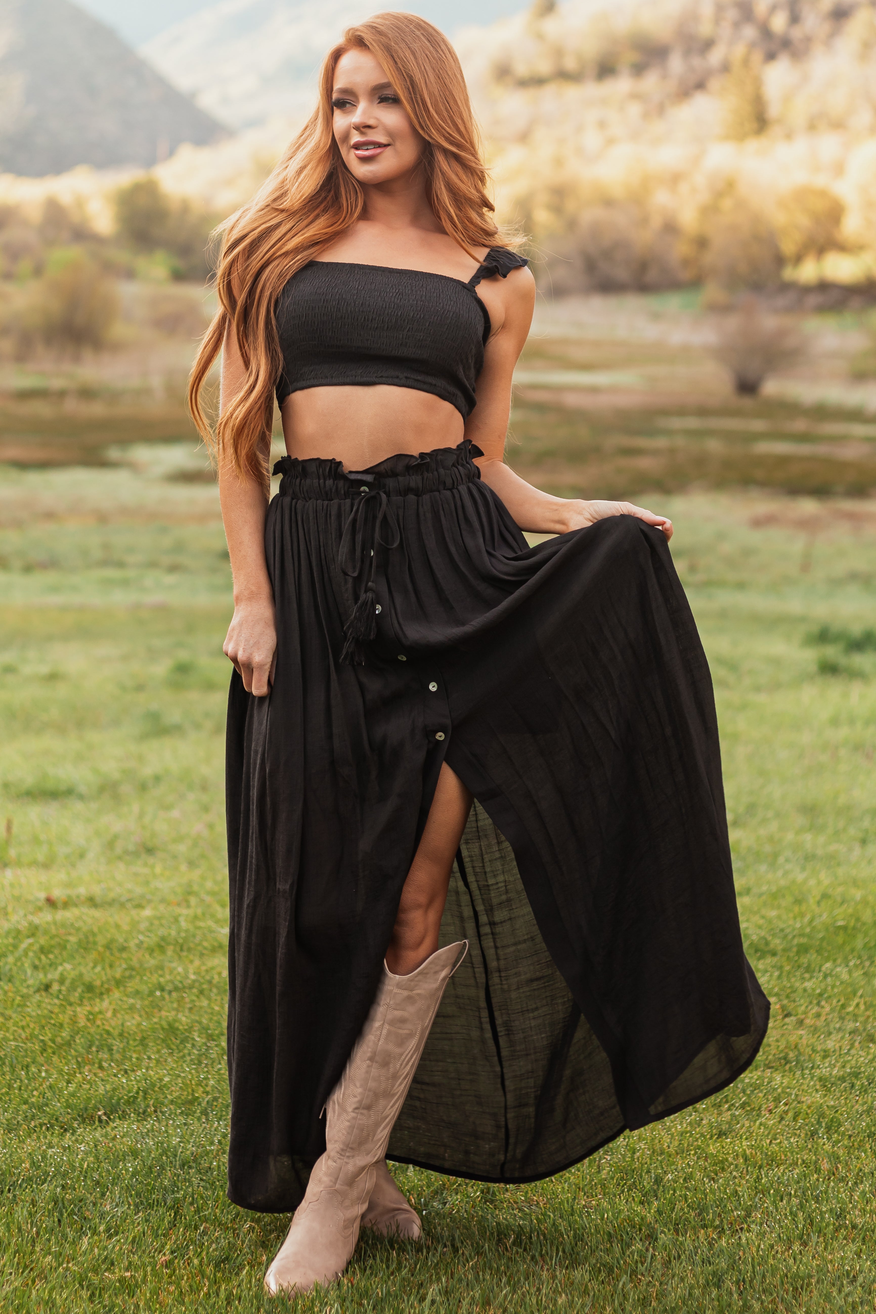Black Ruffle Strap Crop Top and Maxi Skirt Set