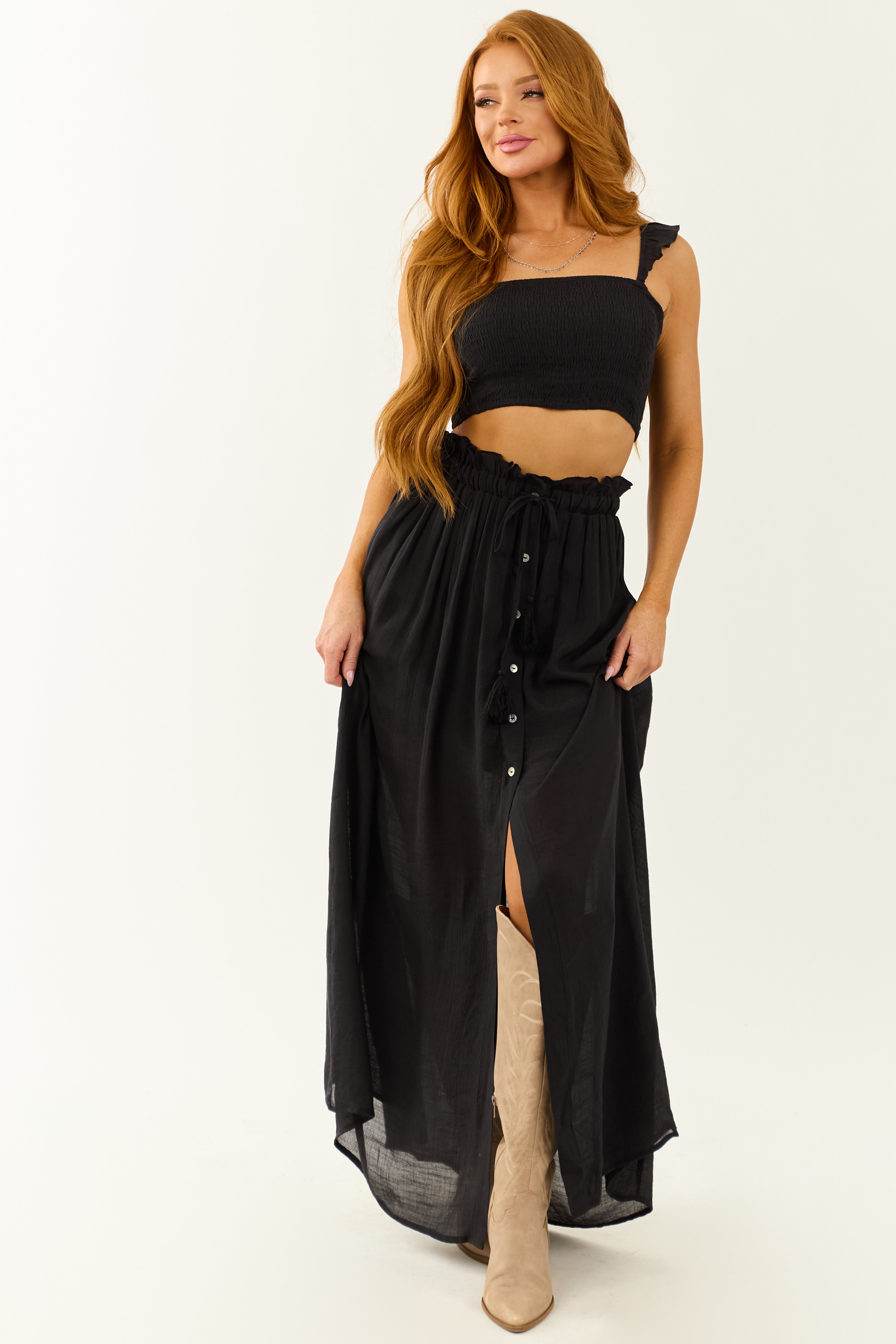 Black Ruffle Strap Crop Top and Maxi Skirt Set