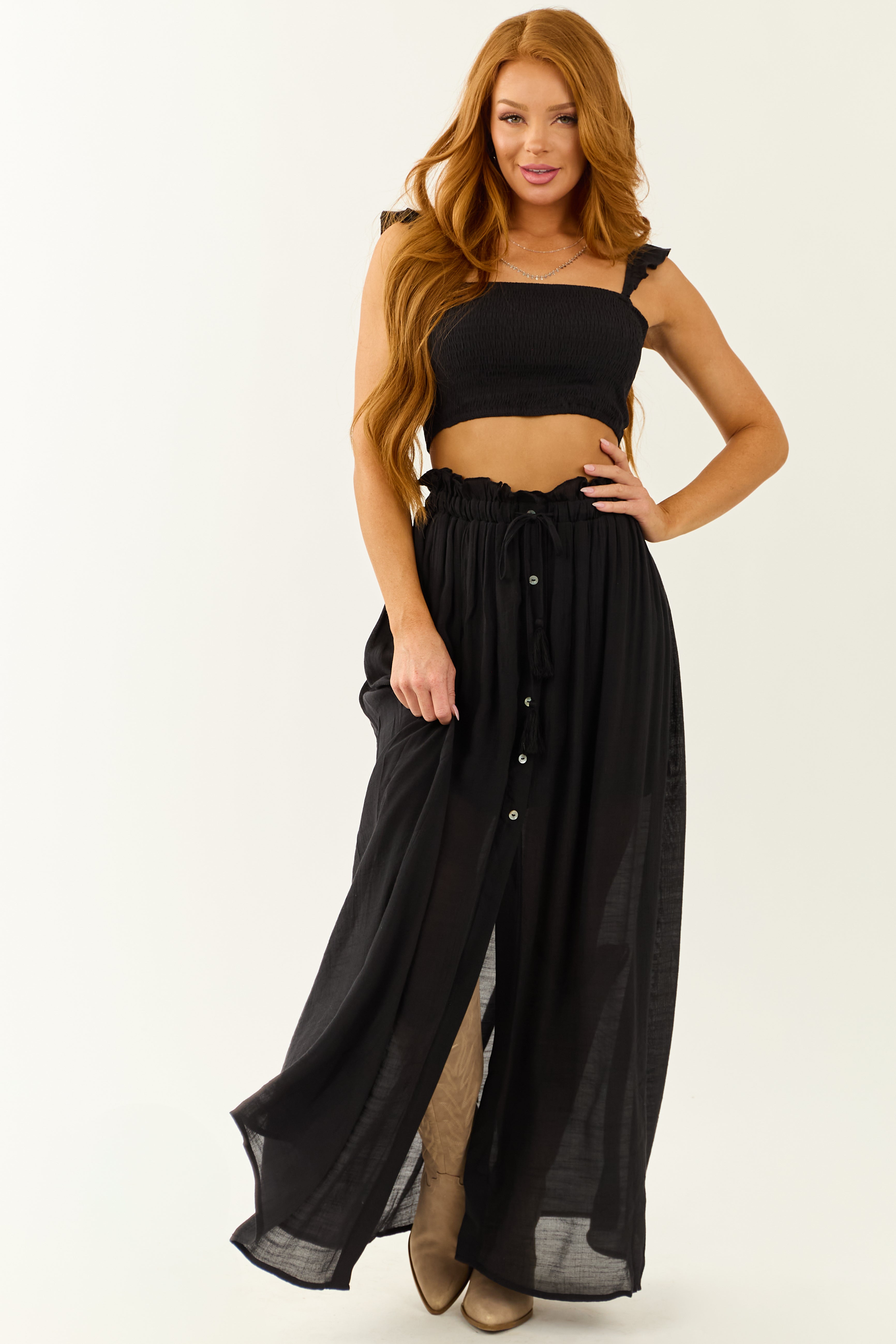 Black Ruffle Strap Crop Top and Maxi Skirt Set