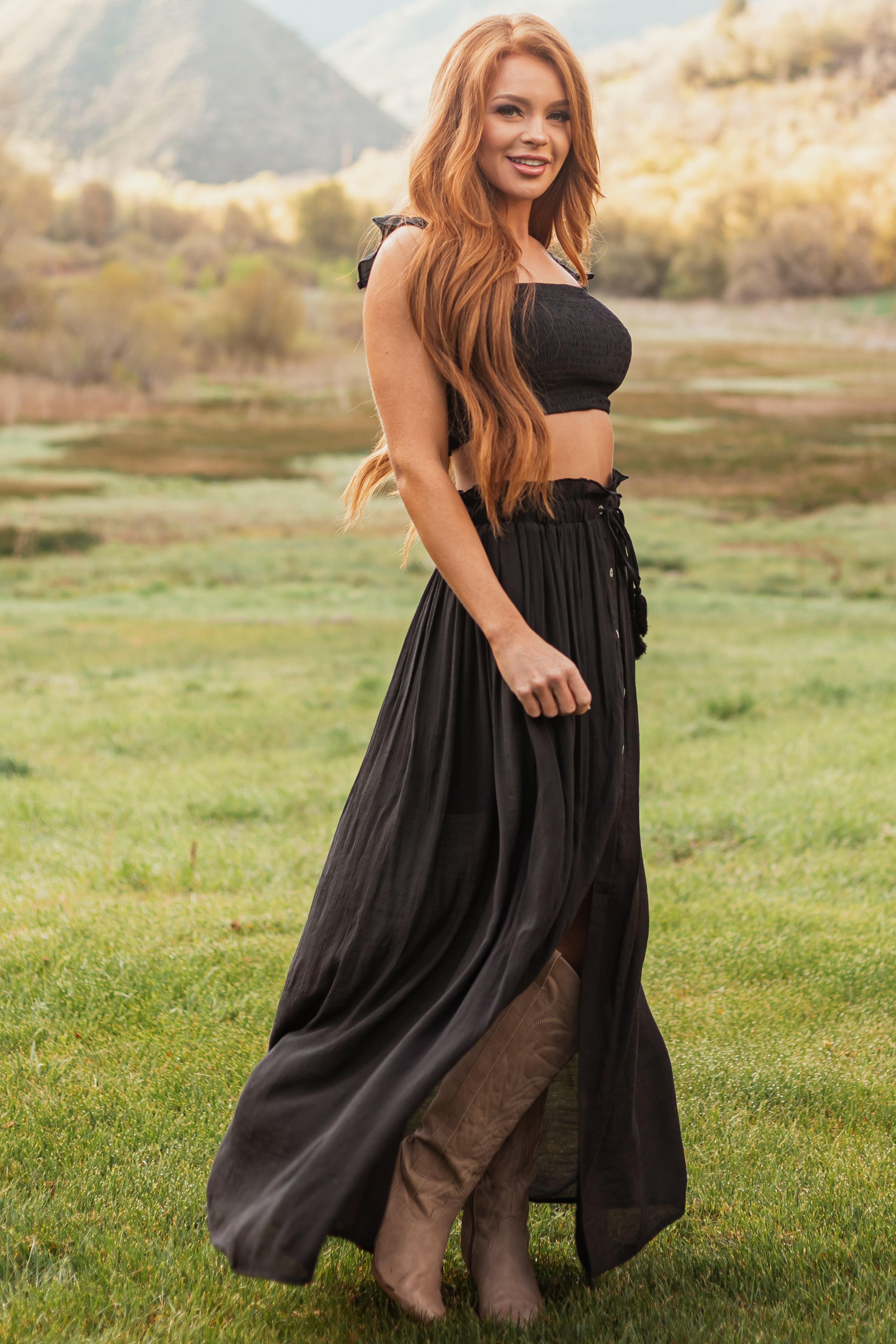 Black Ruffle Strap Crop Top and Maxi Skirt Set