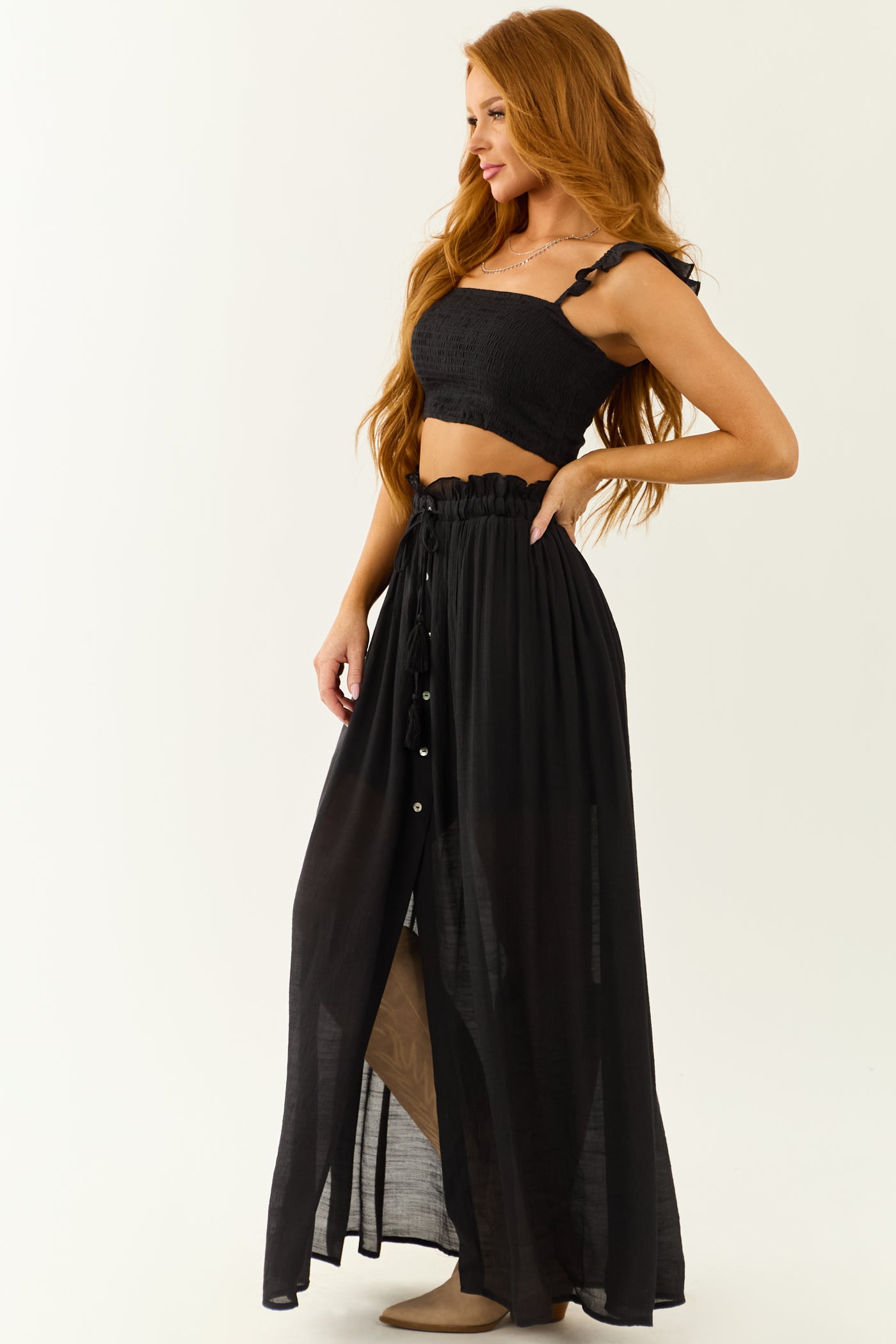 Black Ruffle Strap Crop Top and Maxi Skirt Set