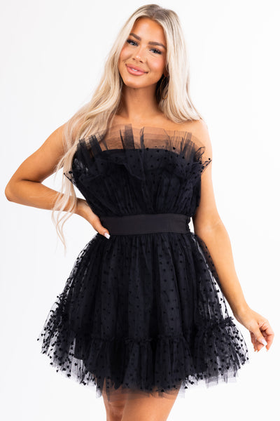 closer to the heart mini dress Black Ruffle Strapless Heart Detail Mini Dress