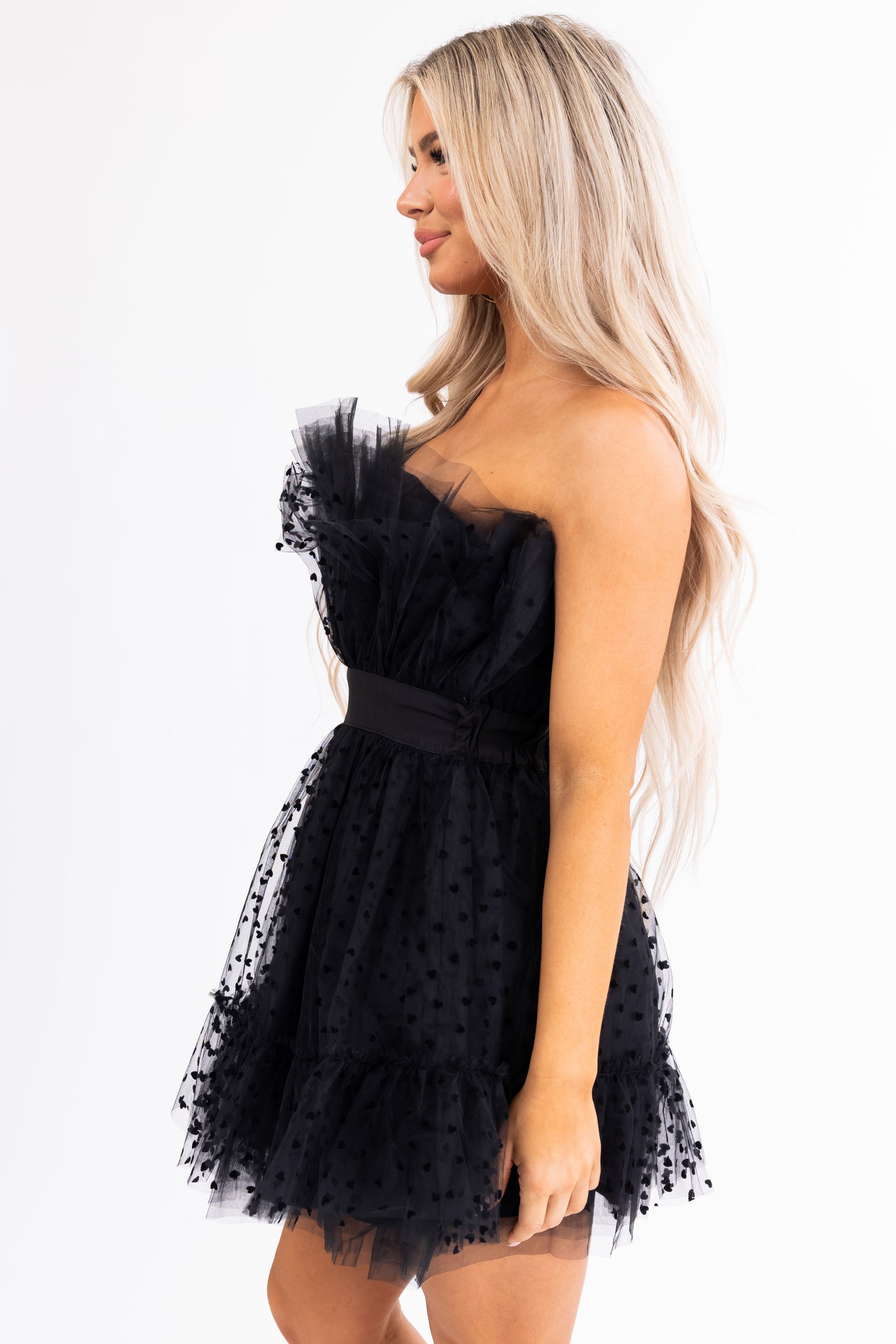 Black Ruffle Strapless Heart Detail Mini Dress