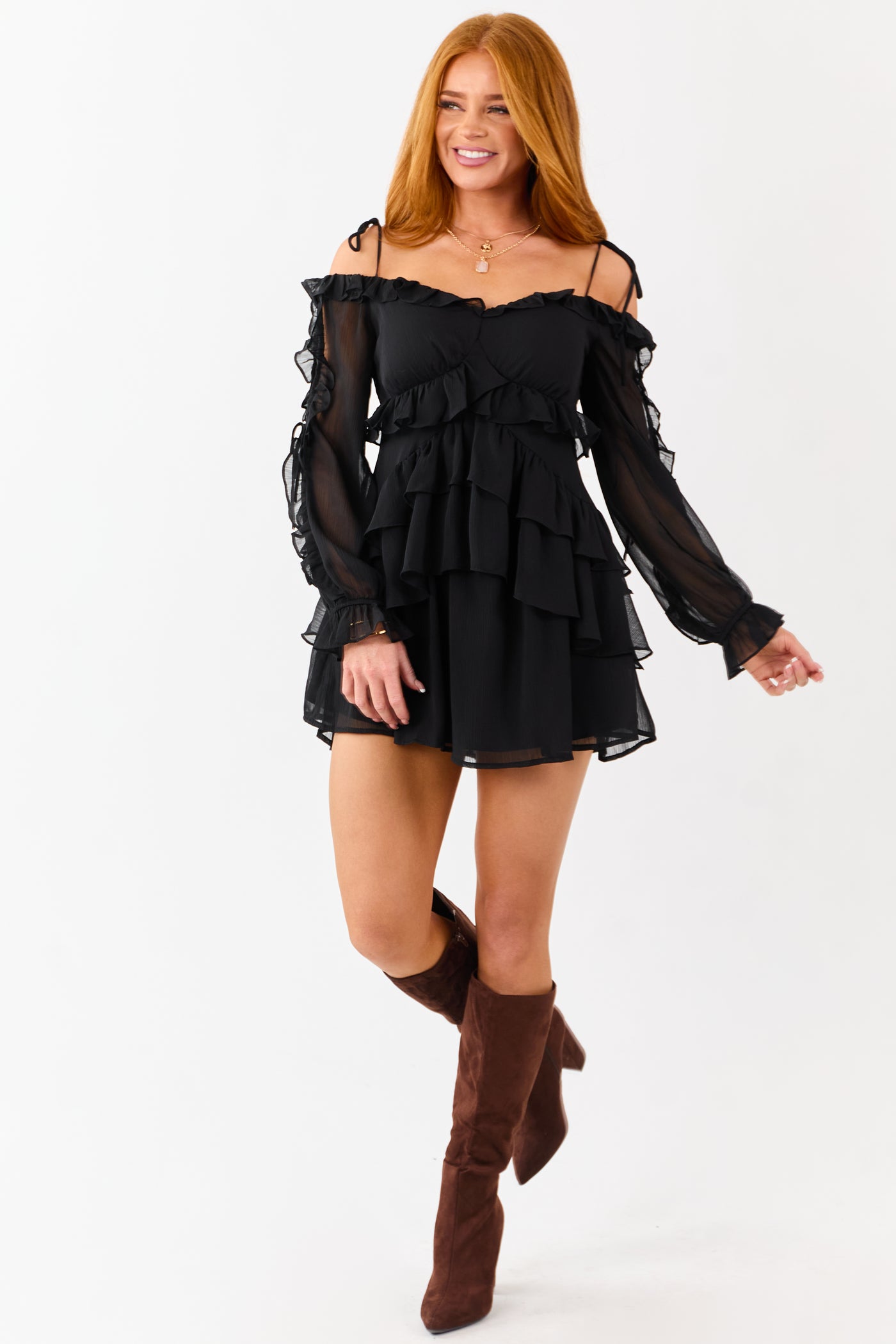 Black Ruffled Off Shoulder Babydoll Mini Dress