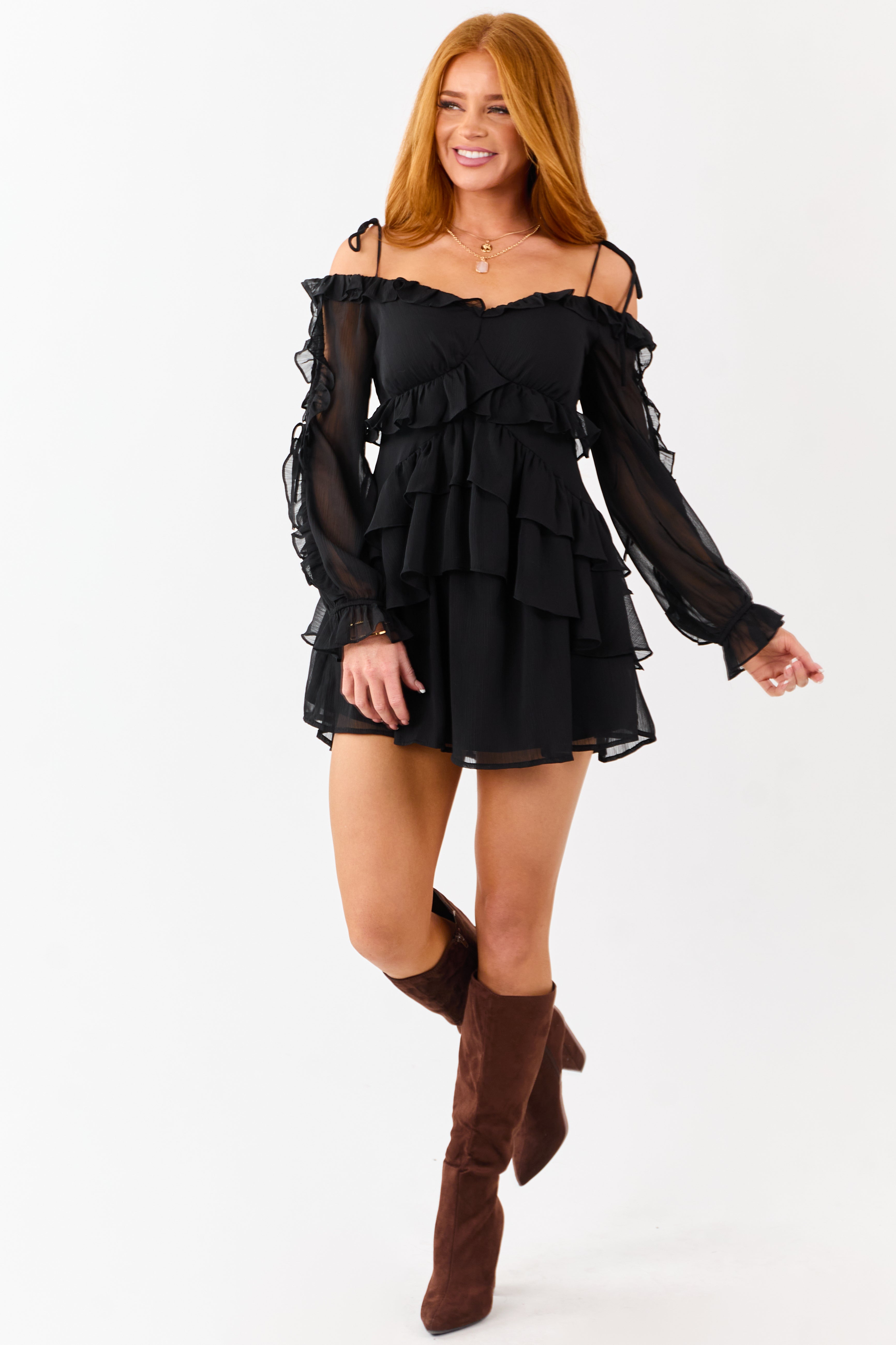 Black Ruffled Off Shoulder Babydoll Mini Dress