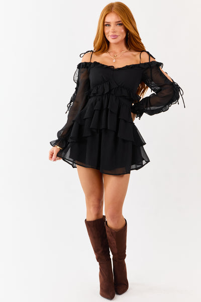 Black Ruffled Off Shoulder Babydoll Mini Dress