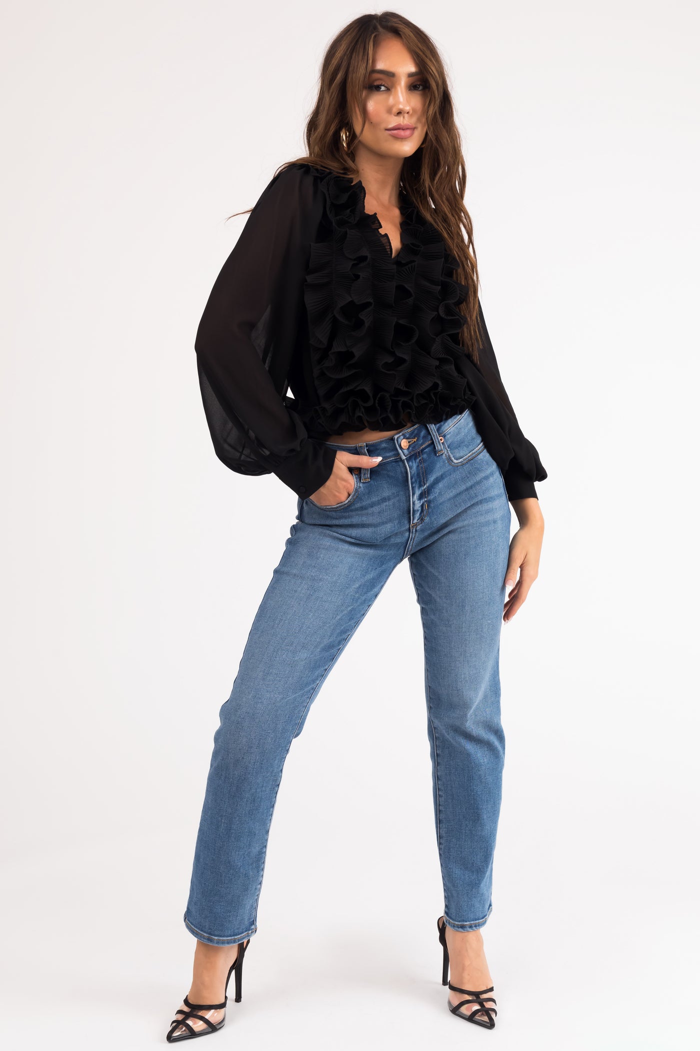 Black Ruffled V Neck Long Sleeve Woven Blouse