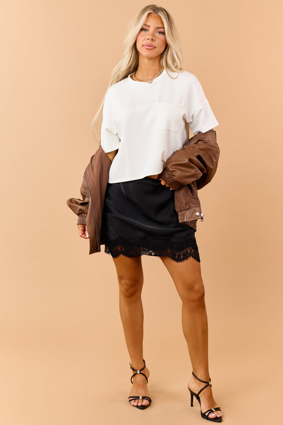 Black Satin Asymmetrical Lace Hem Slip Skirt
