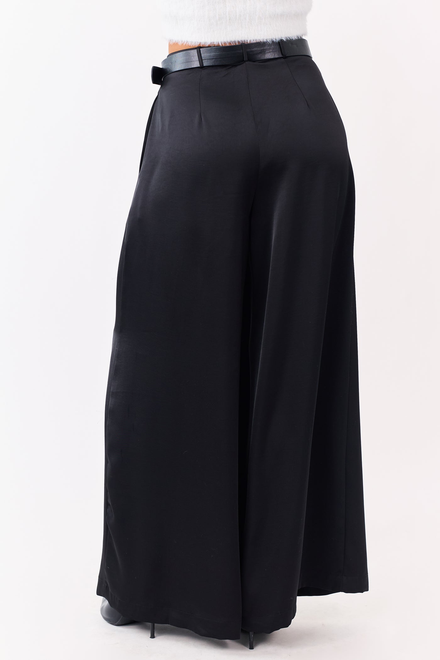 Black Satin Belted Wide Palazzo Pants