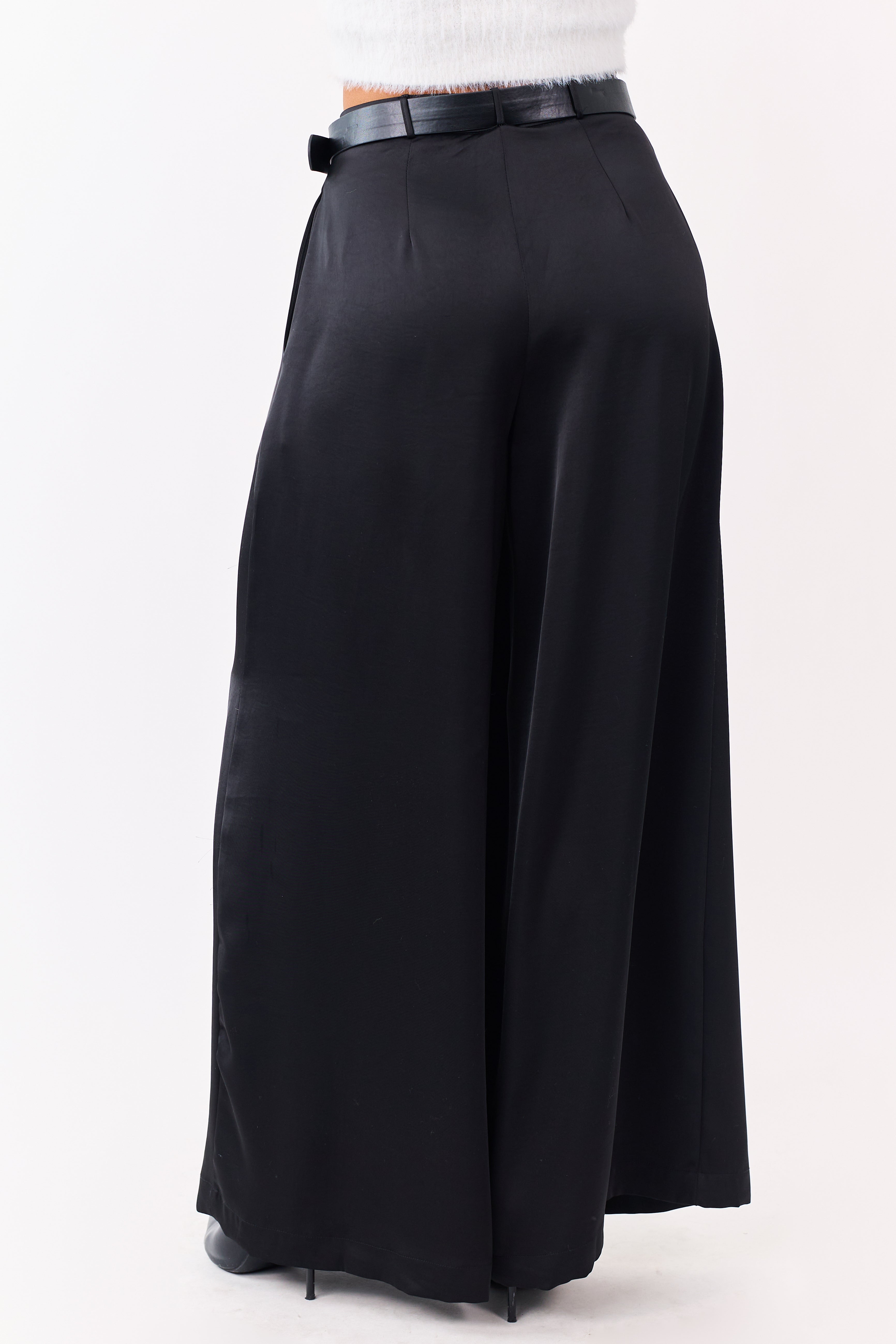 Black Satin Belted Wide Palazzo Pants