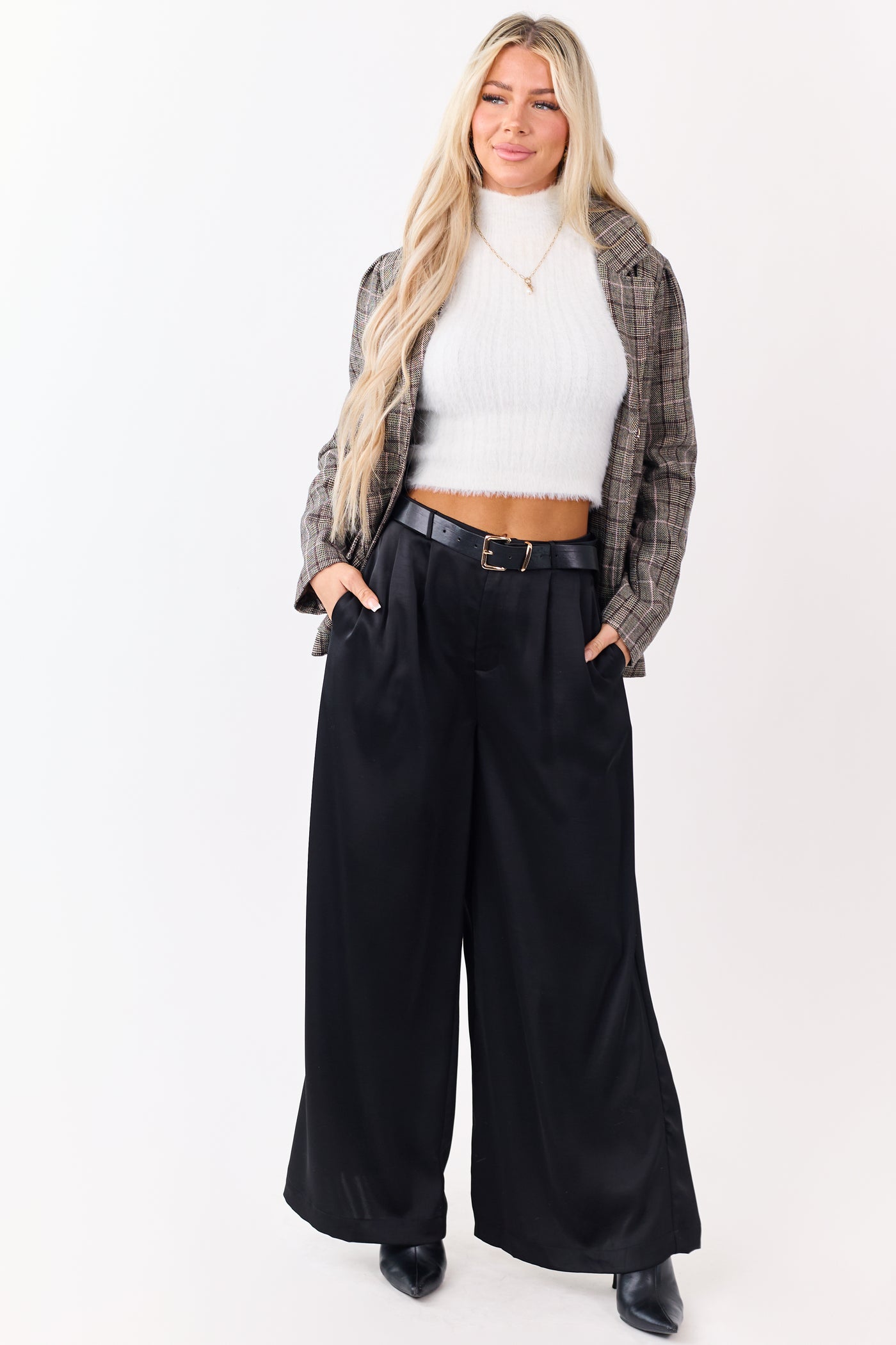 Black Satin Belted Wide Palazzo Pants