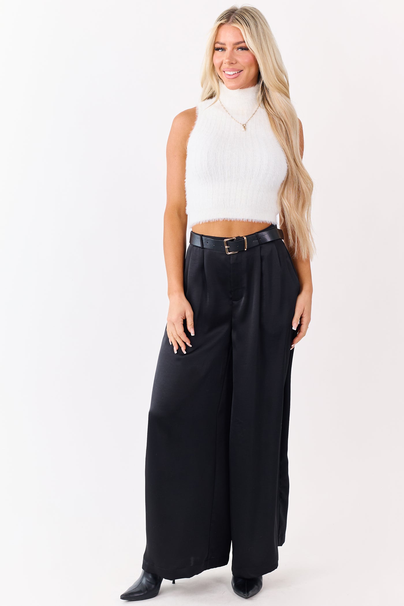 Black Satin Belted Wide Palazzo Pants