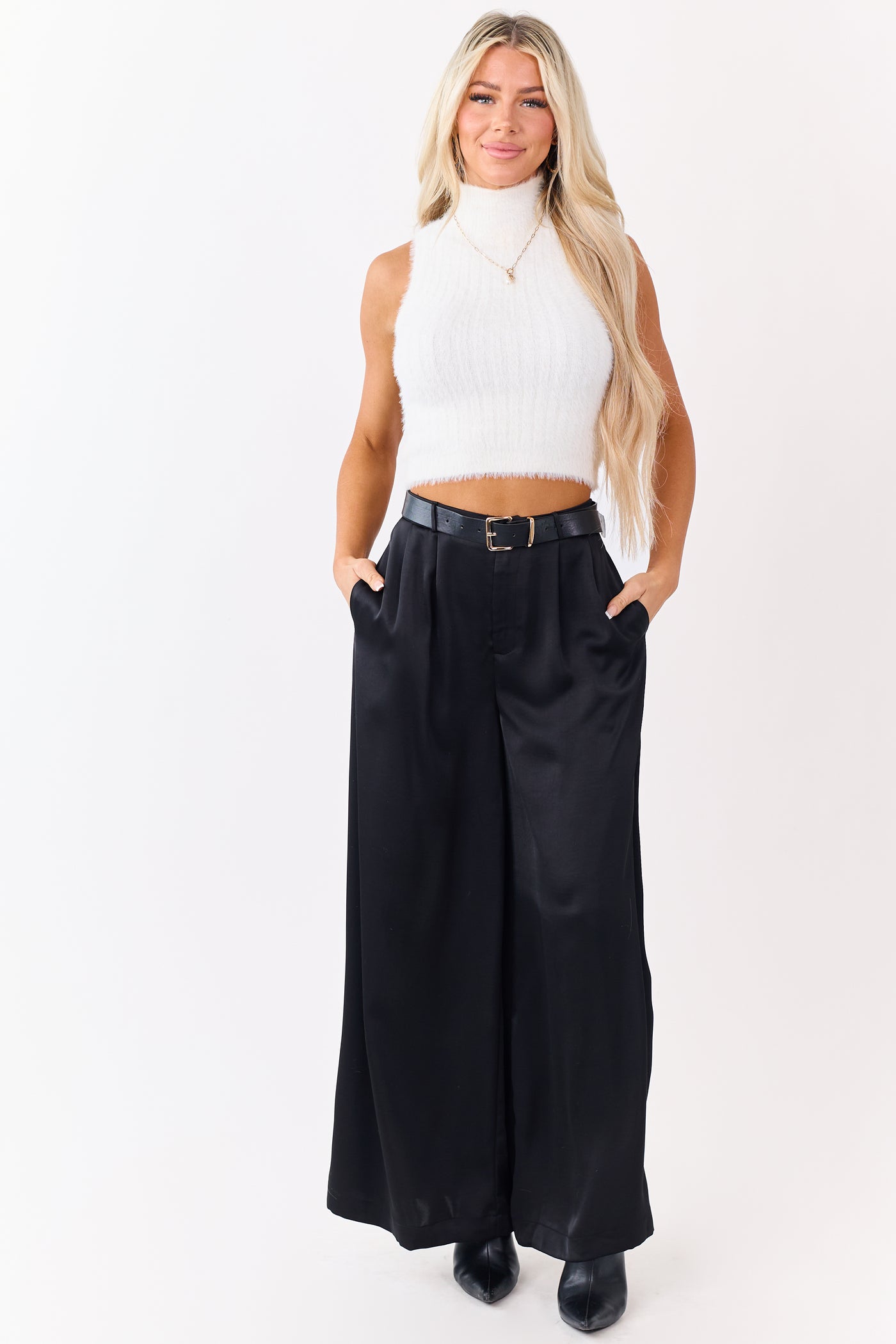 Black Satin Belted Wide Palazzo Pants