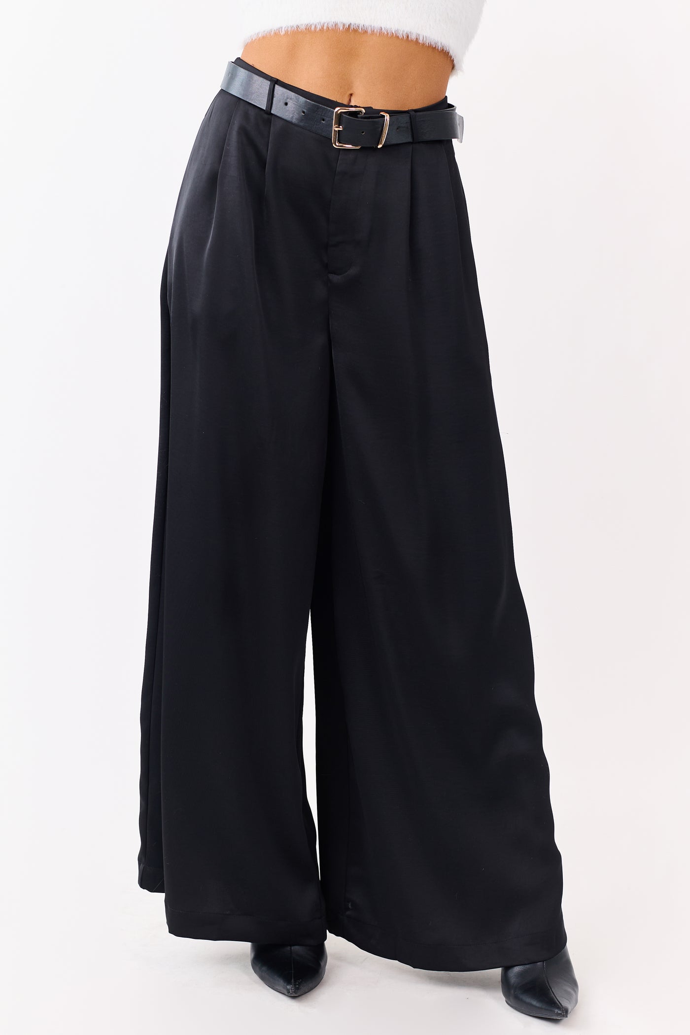 Black Satin Belted Wide Palazzo Pants
