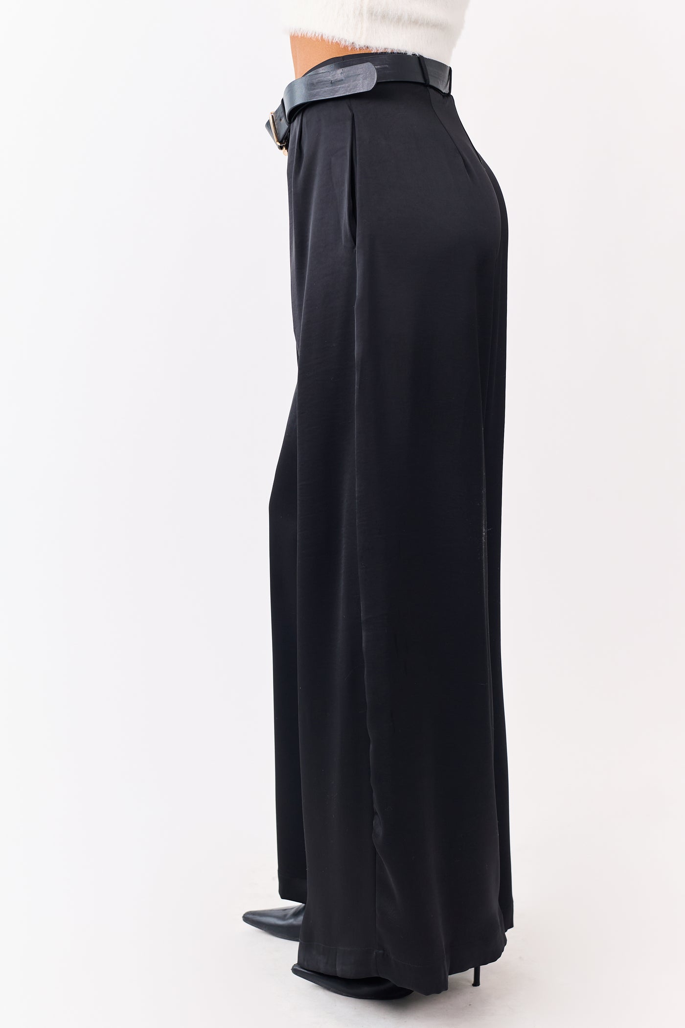 Black Satin Belted Wide Palazzo Pants