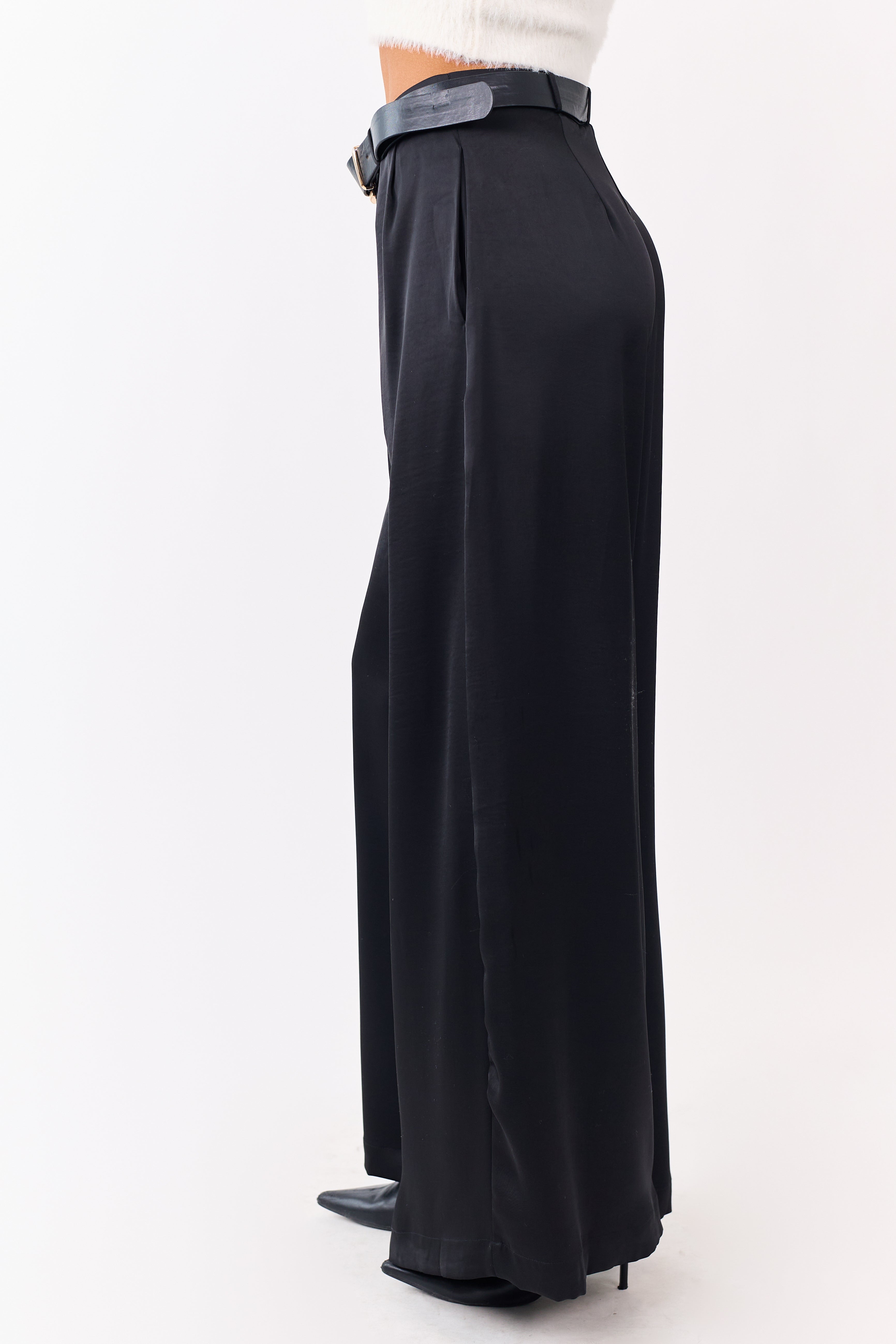 Black Satin Belted Wide Palazzo Pants