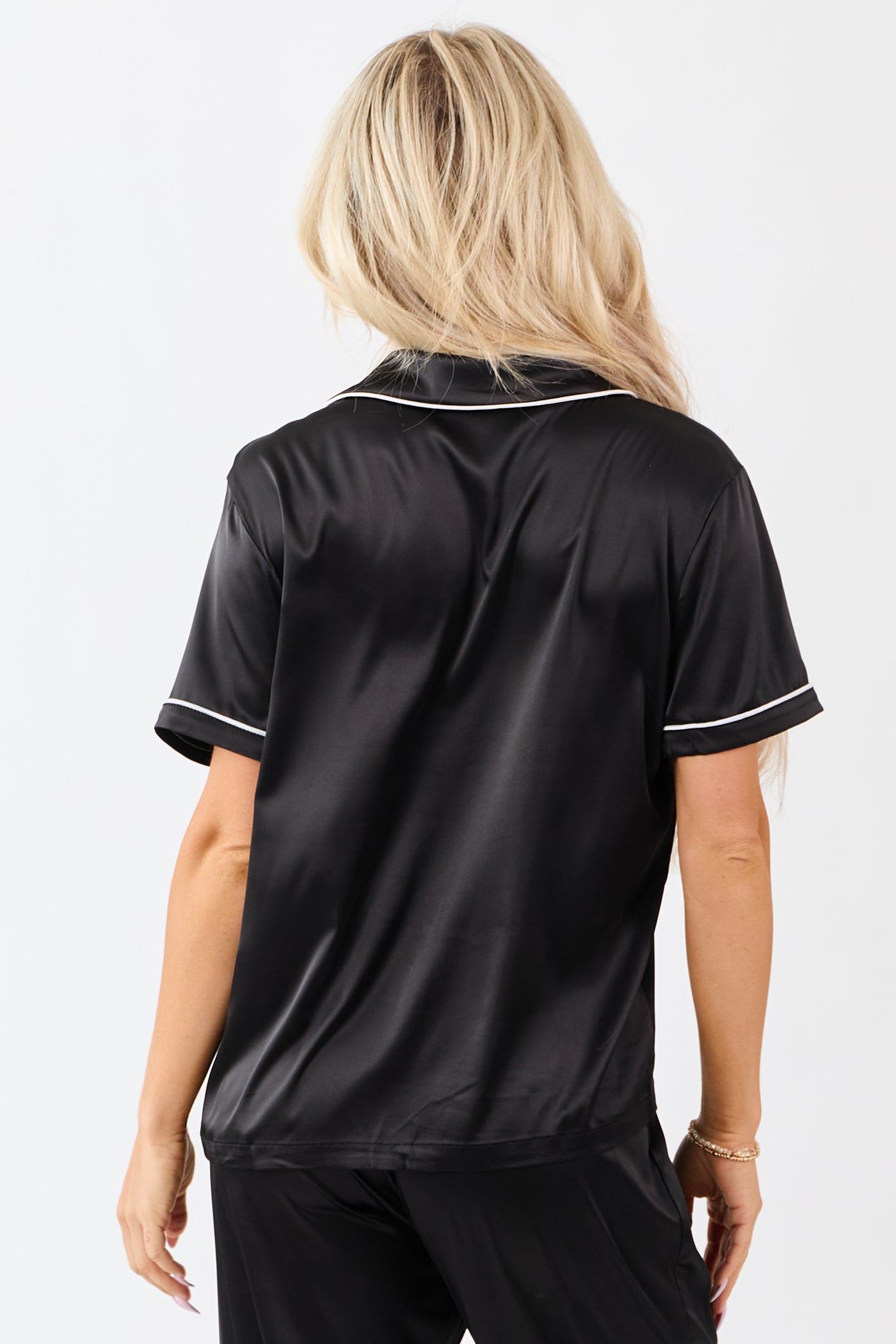 Black Satin Button Down Short Sleeve Pajama Top
