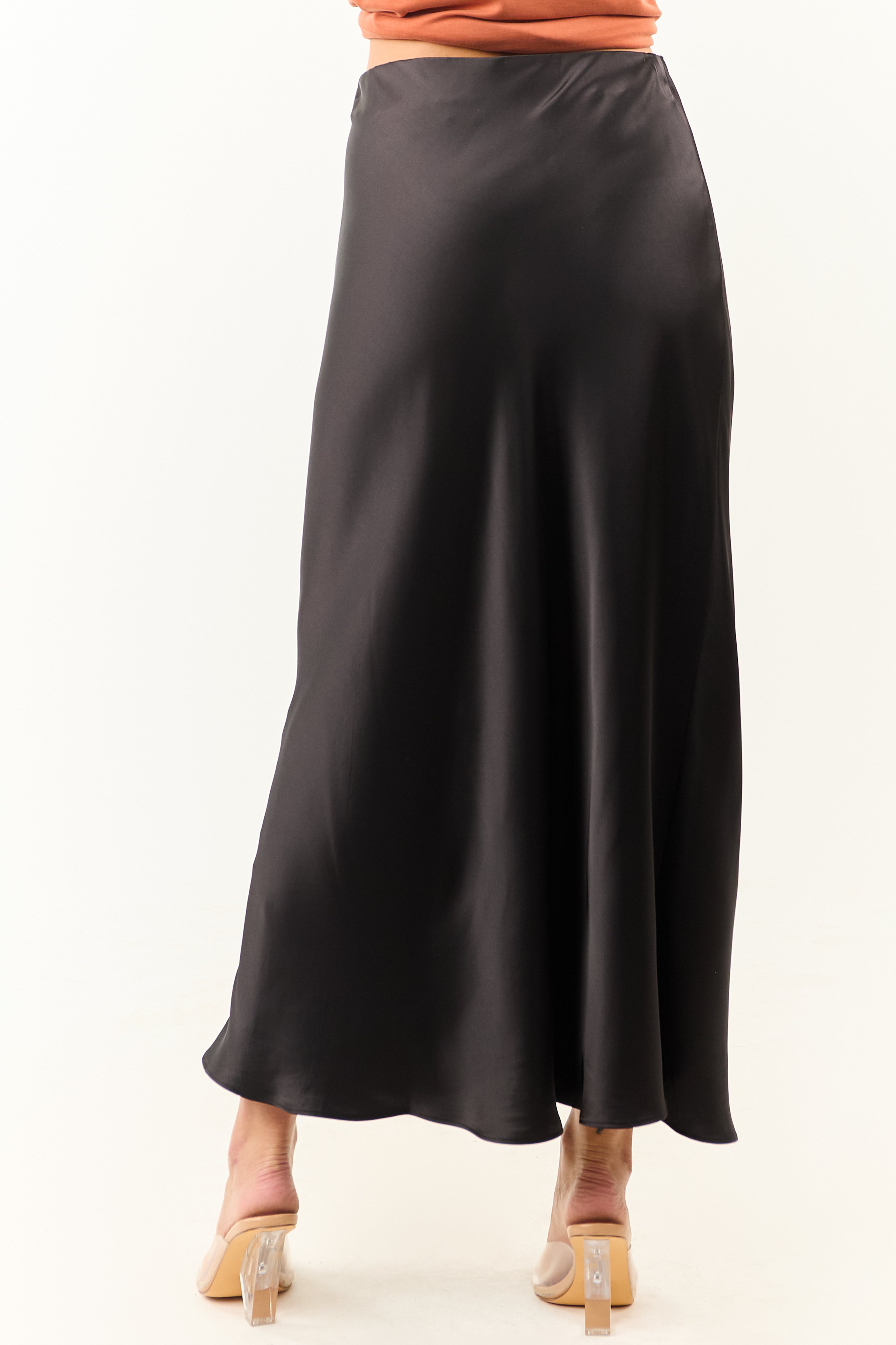 Black Satin Elastic Waistband Flowy Maxi Skirt