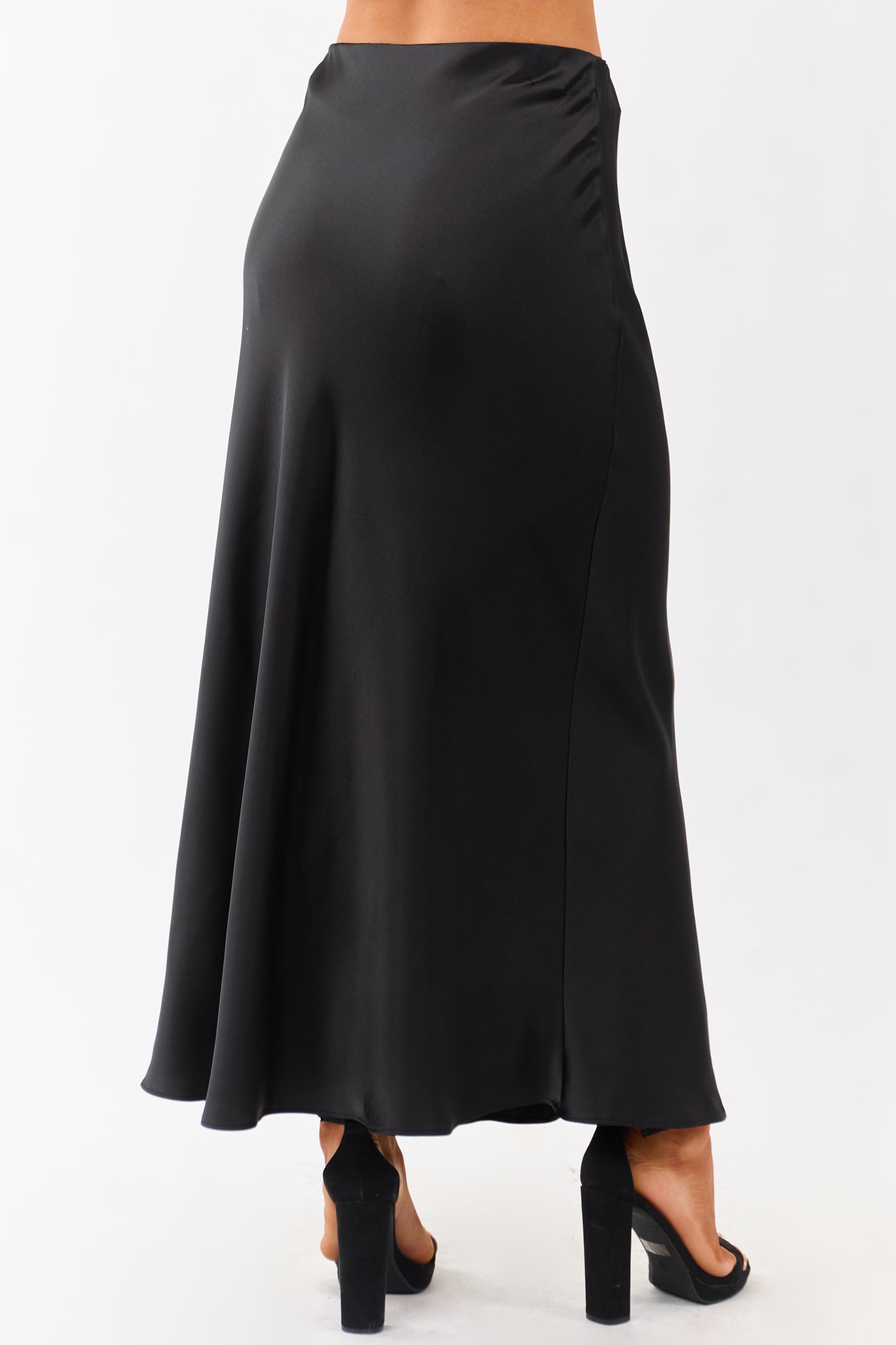 Black Satin Elastic Waistband Flowy Maxi Skirt