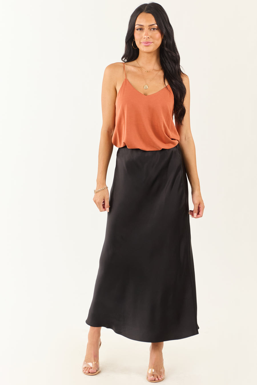 Black Satin Elastic Waistband Flowy Maxi Skirt