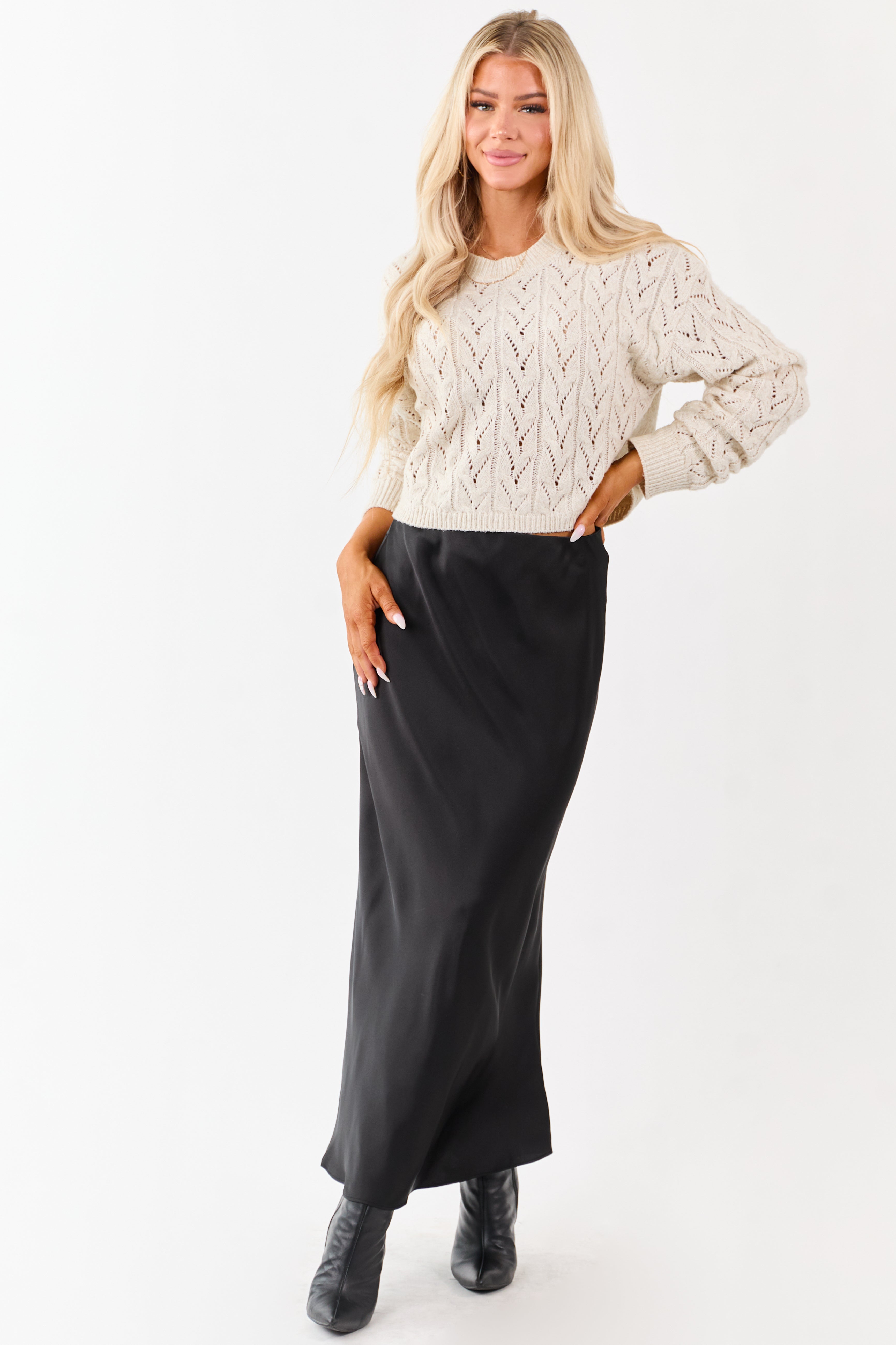 Black Satin Elastic Waistband Flowy Maxi Skirt