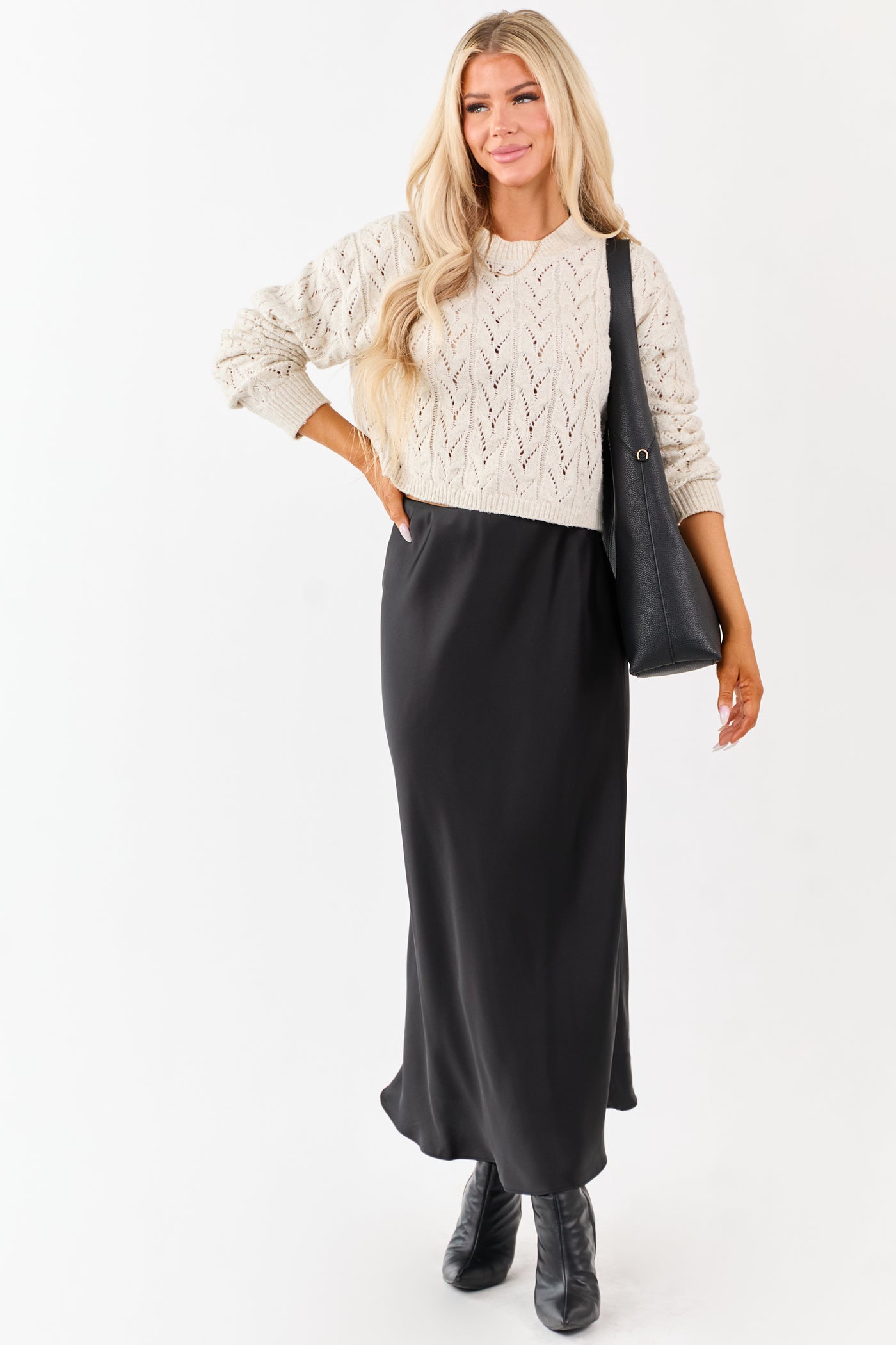 Black Satin Elastic Waistband Flowy Maxi Skirt