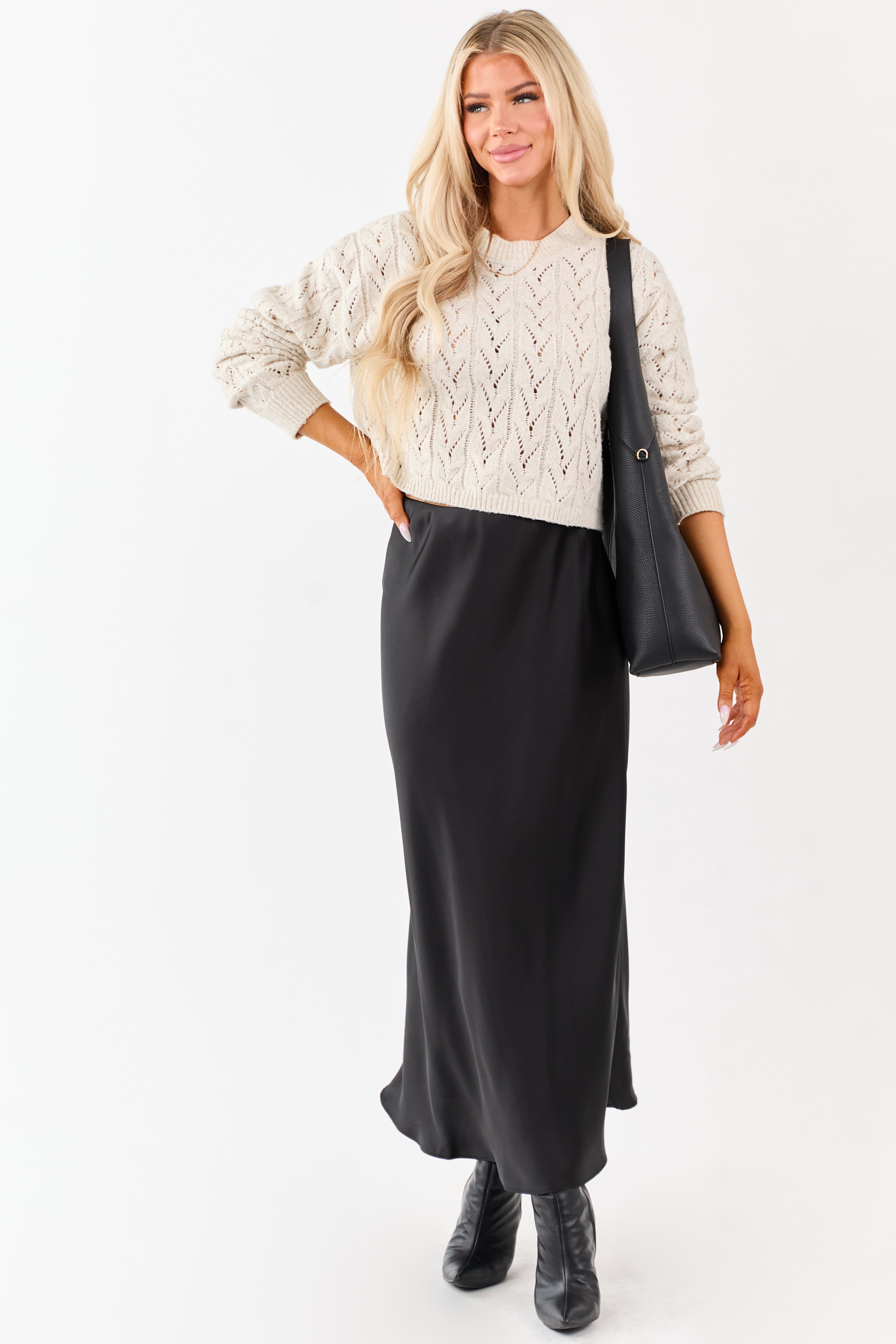 Black Satin Elastic Waistband Flowy Maxi Skirt