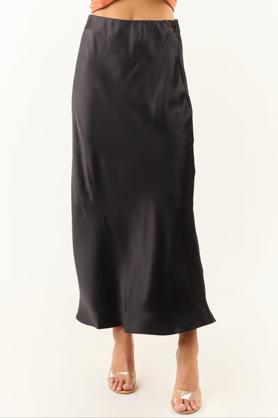 Black Satin Elastic Waistband Flowy Maxi Skirt
