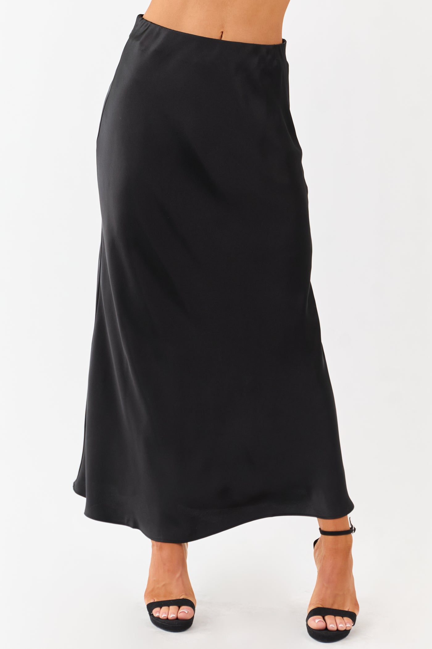 Black Satin Elastic Waistband Flowy Maxi Skirt
