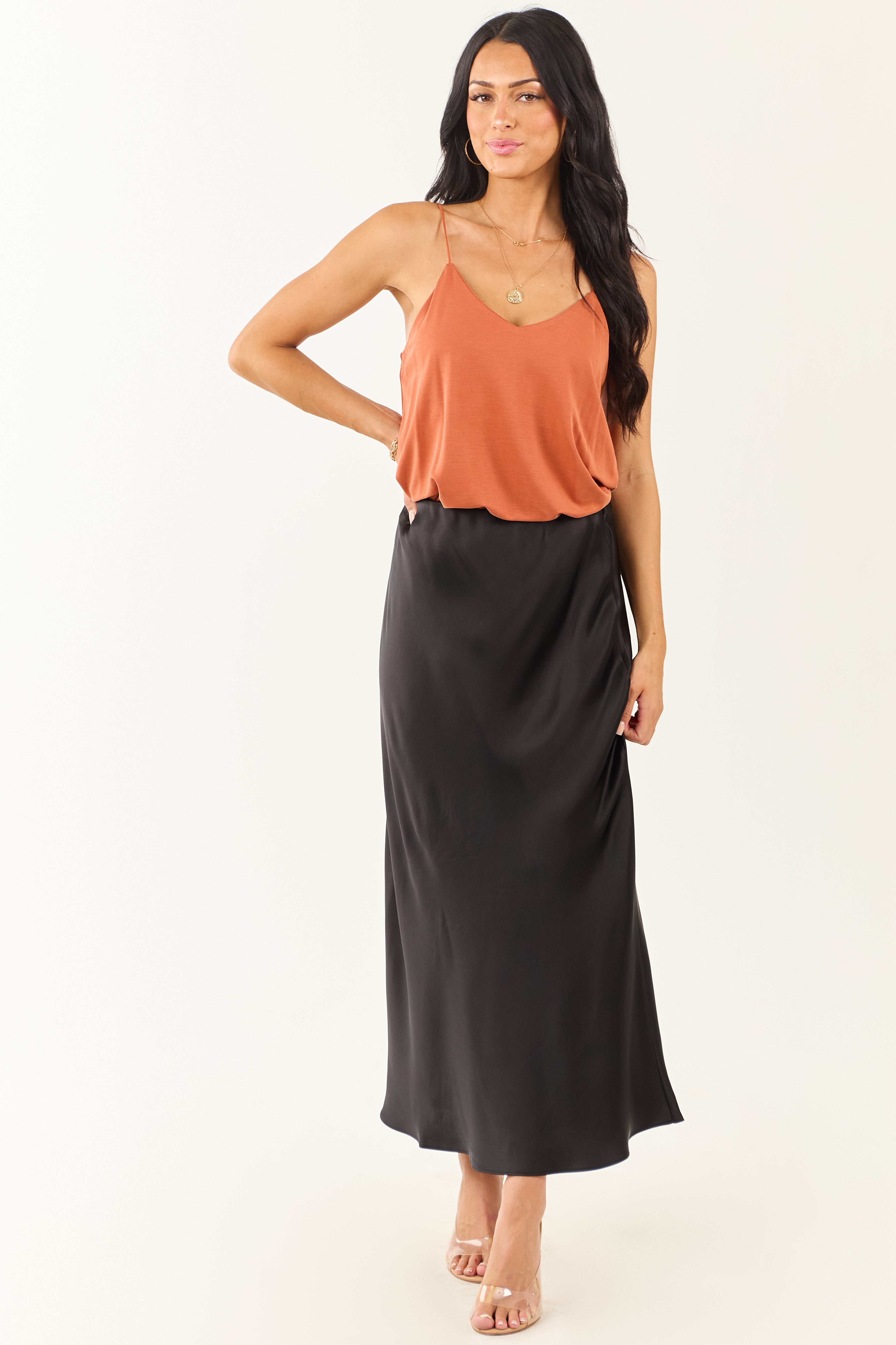 Black Satin Elastic Waistband Flowy Maxi Skirt