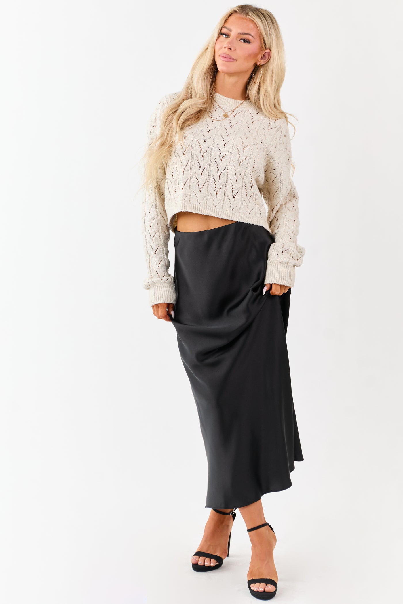 Black Satin Elastic Waistband Flowy Maxi Skirt