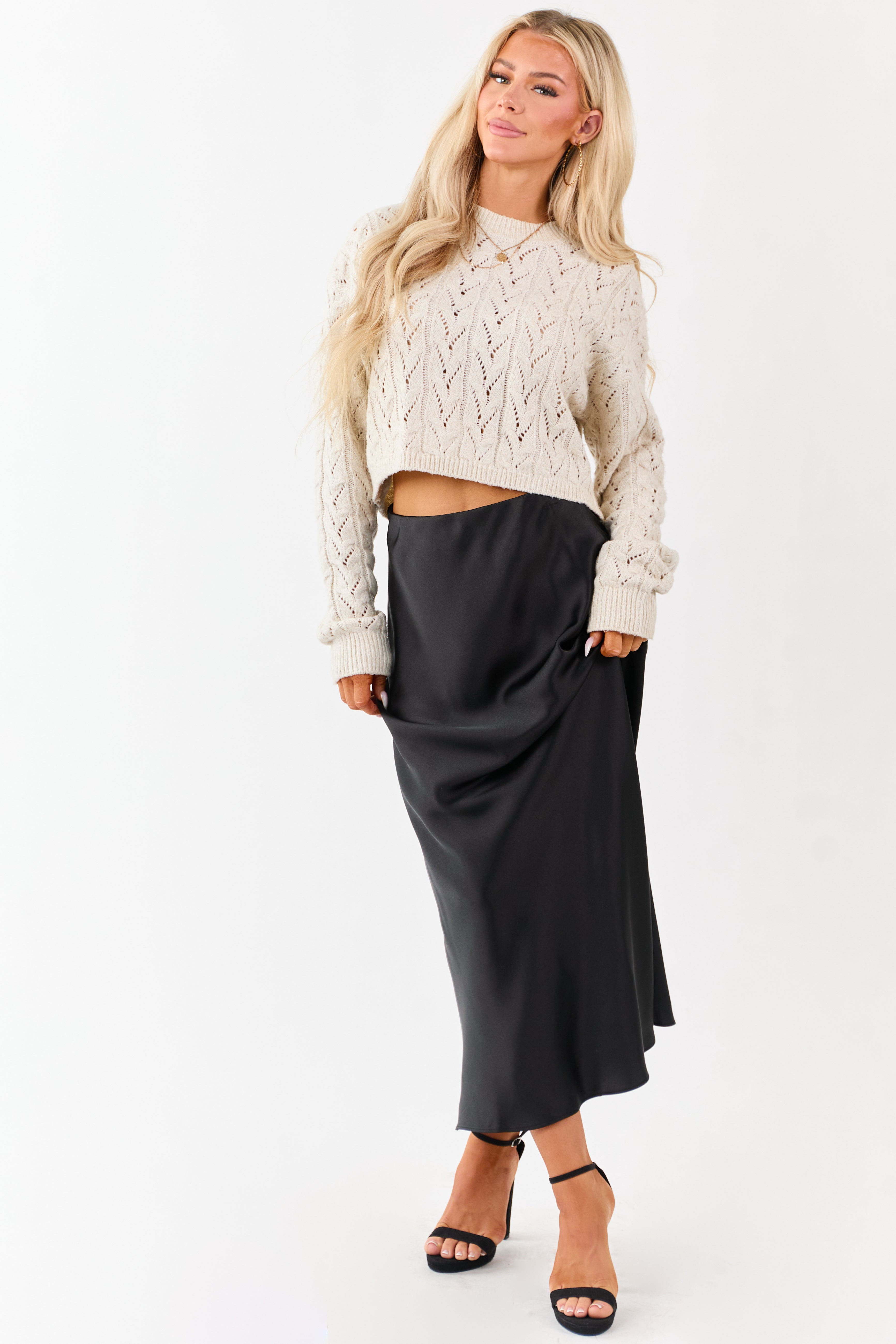 Black Satin Elastic Waistband Flowy Maxi Skirt