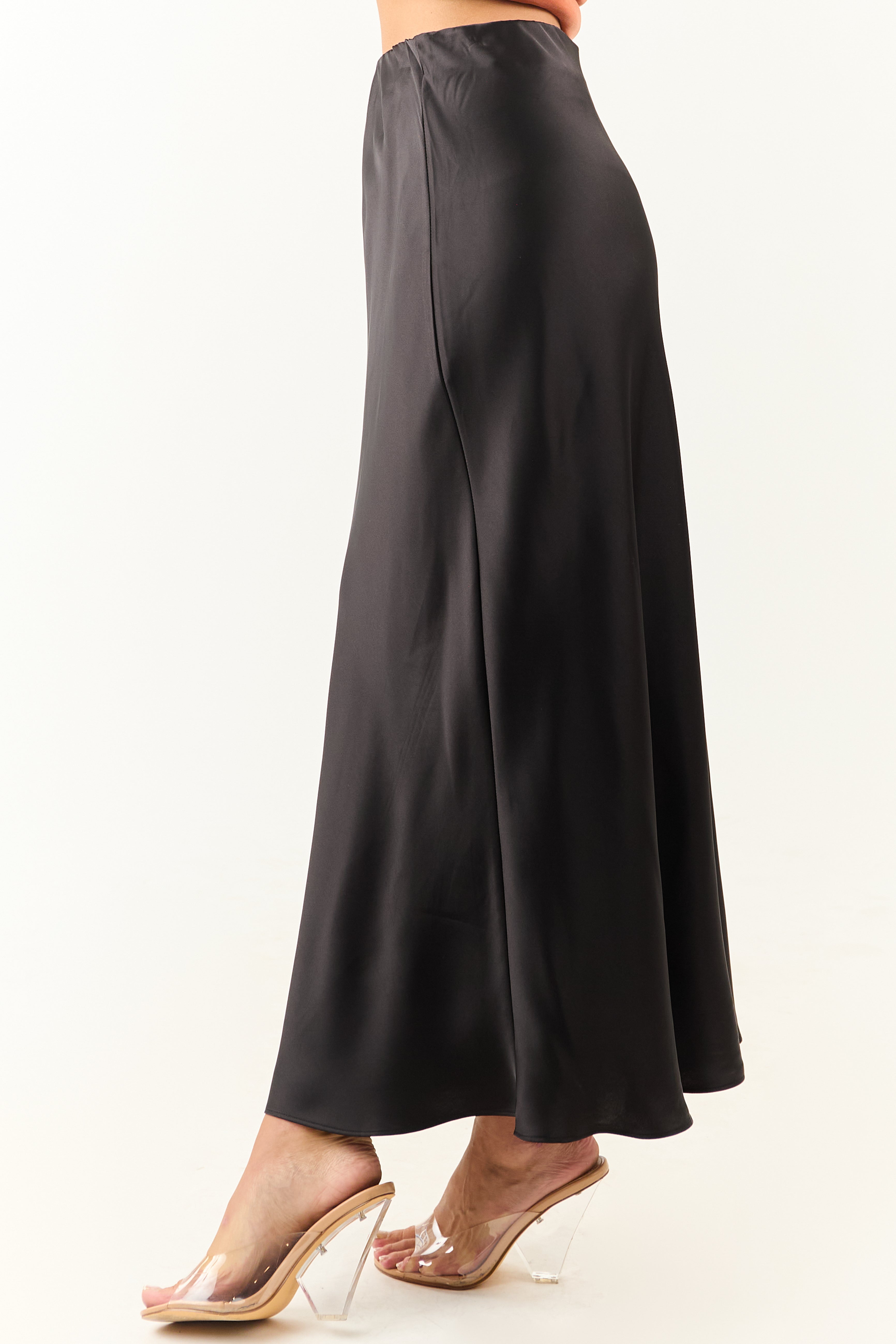 Black Satin Elastic Waistband Flowy Maxi Skirt