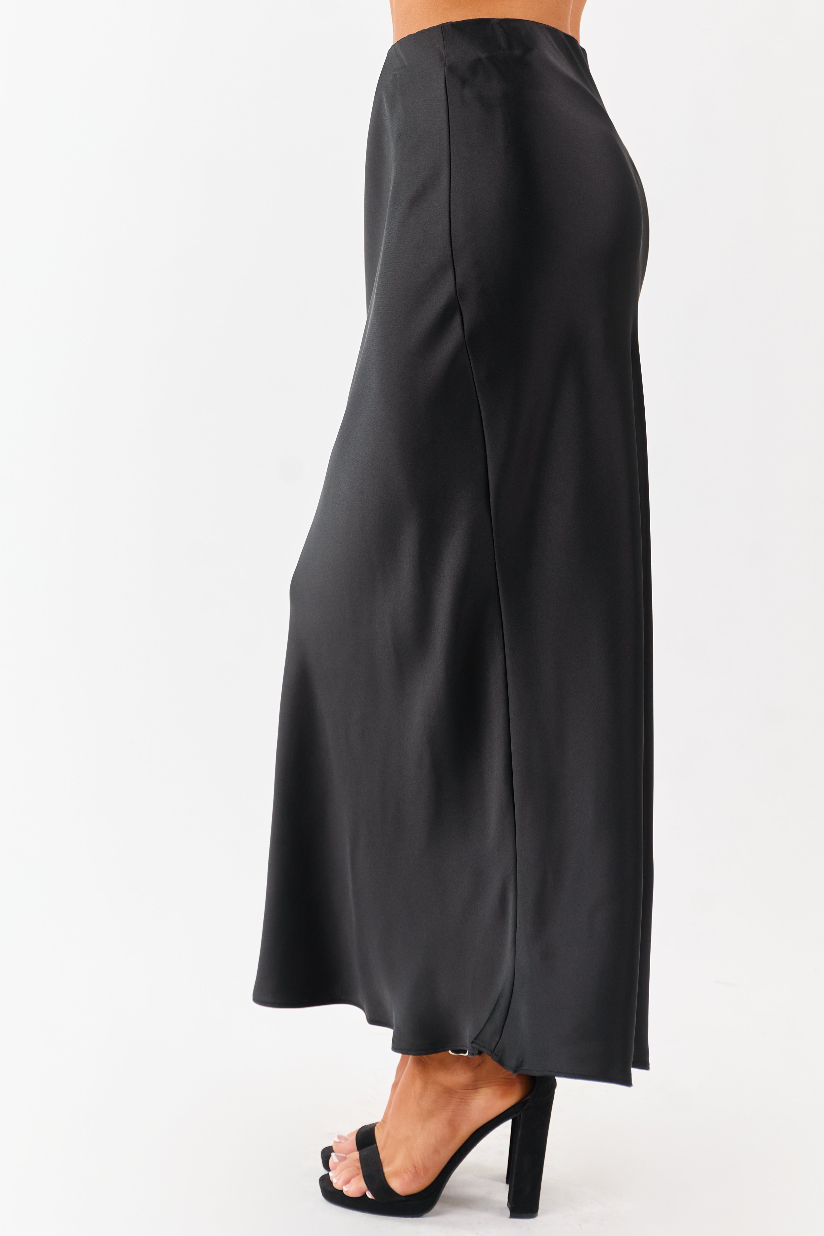 Black Satin Elastic Waistband Flowy Maxi Skirt