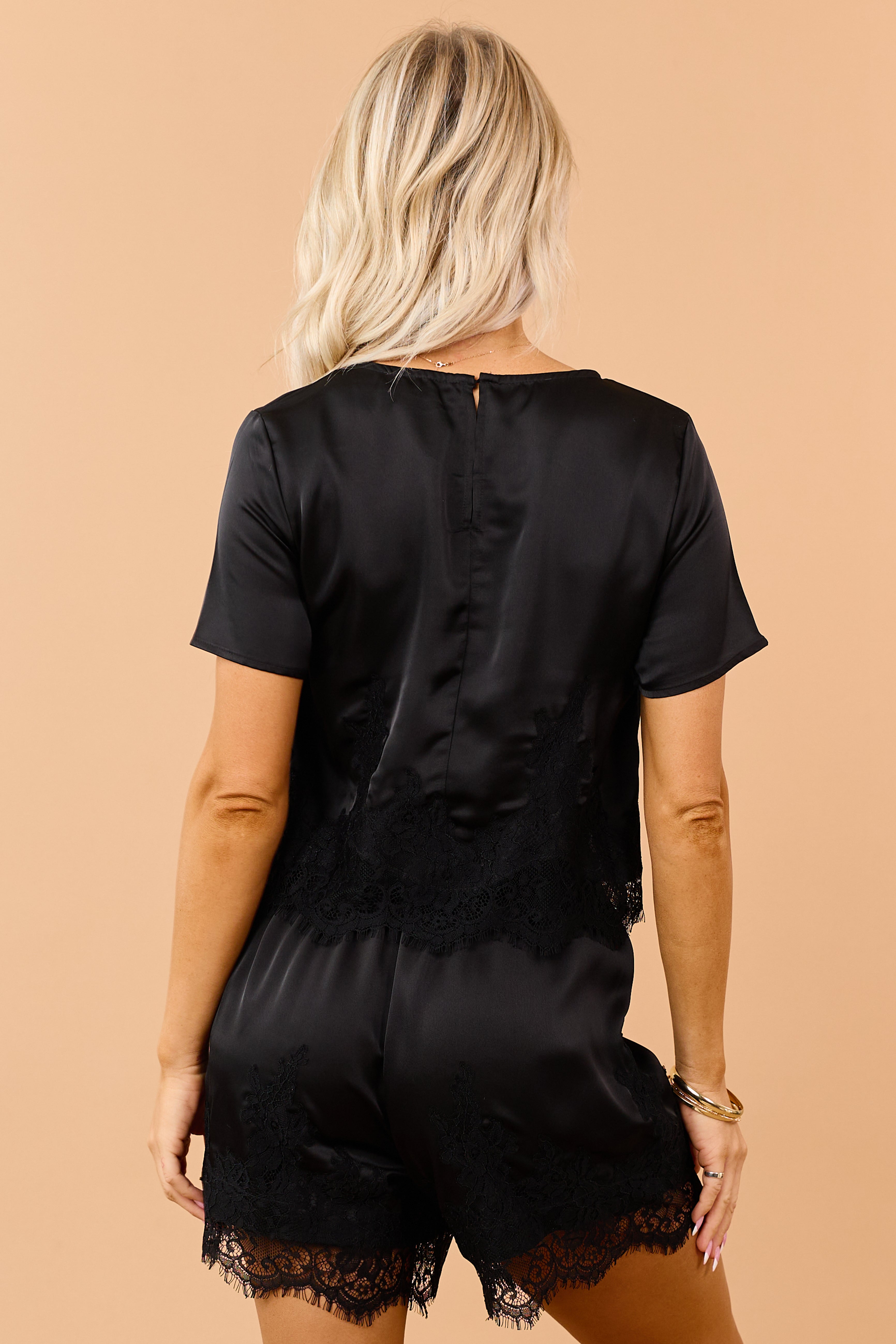 Black Satin Eyelash Lace Hem Boxy Top