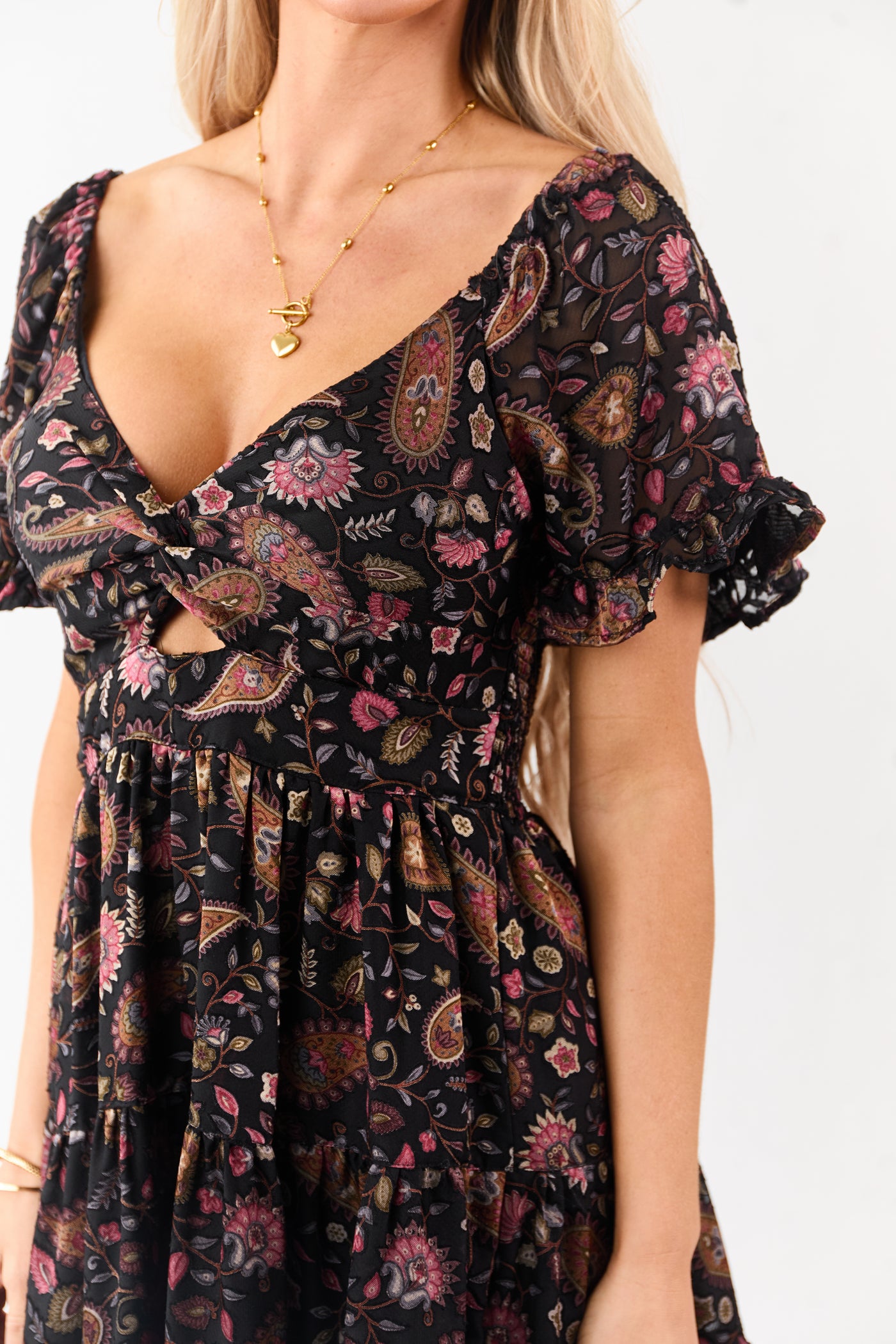 paisley design dress Black Satin Floral Paisley Pattern Tiered Mini Dress