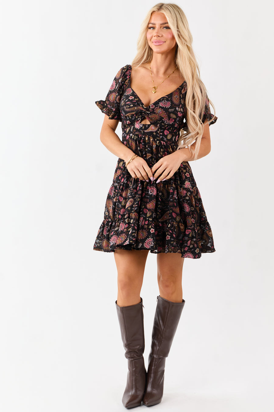 Black Satin Floral Paisley Pattern Tiered Mini Dress